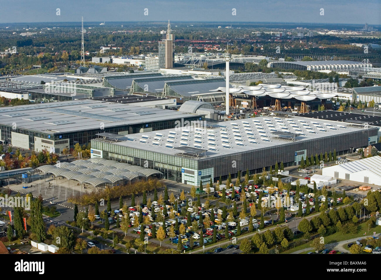 aerial view of thousands of VW vans, at the 60 years of the VW bus on the trade fair grounds in Hanover Laatzen in October 2007, Stock Photo