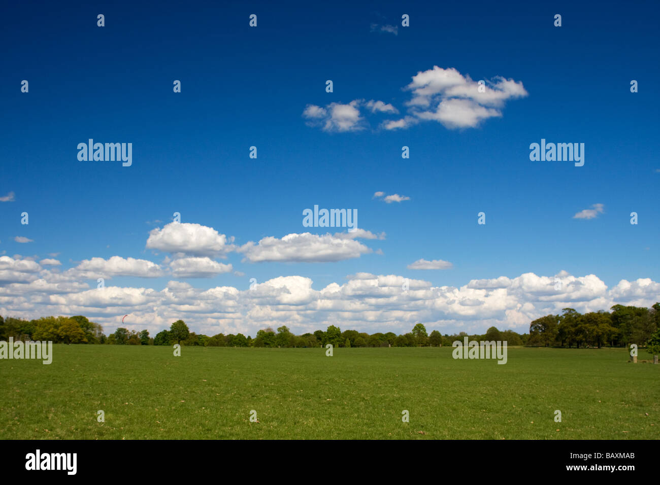 Open space with blue sky, clouds and greenery Stock Photo
