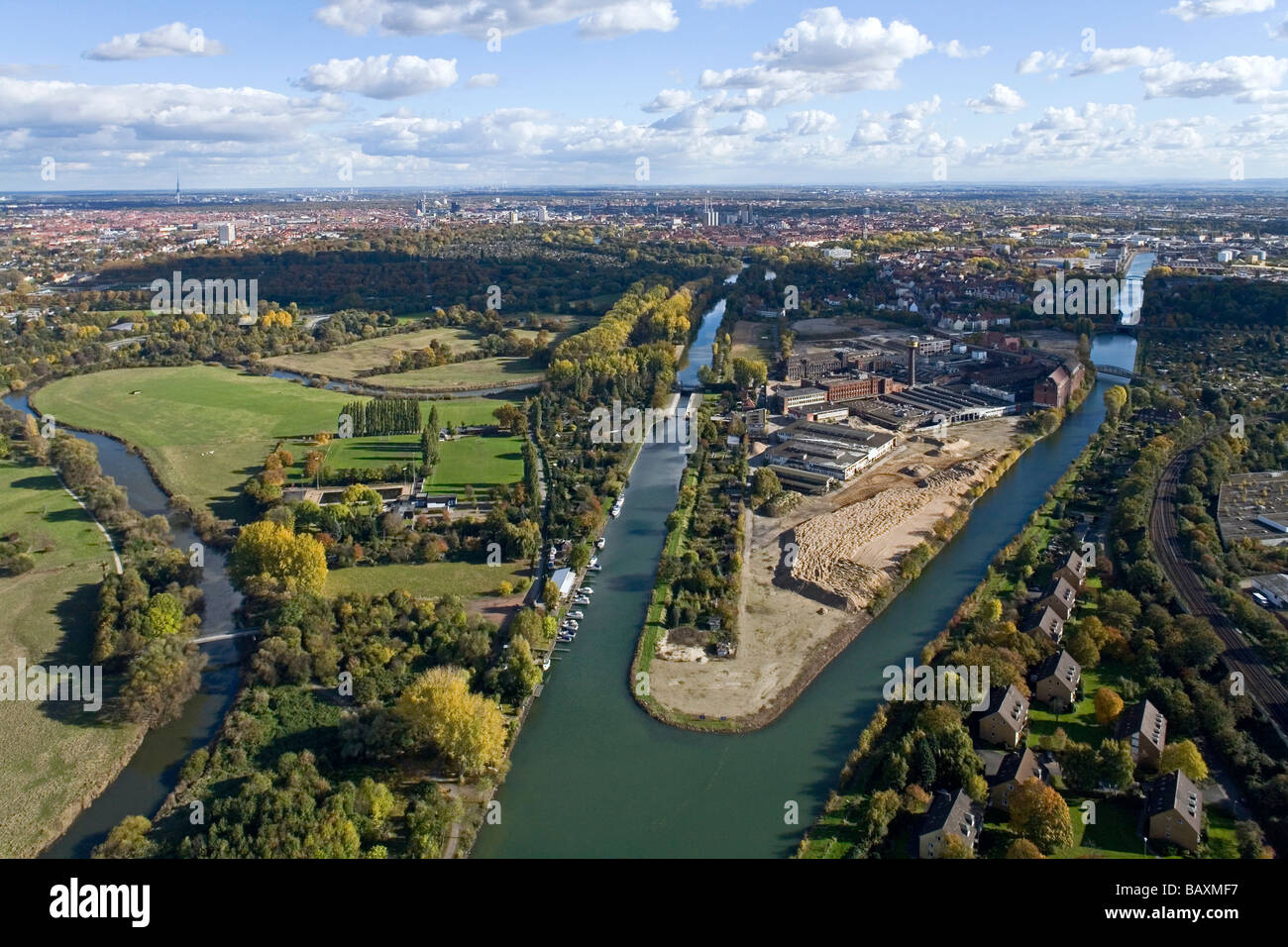 aerial view of Leine River and former Continental tyre factory to be converted into a residential Wasserstadt, Limmer Hanover, L Stock Photo