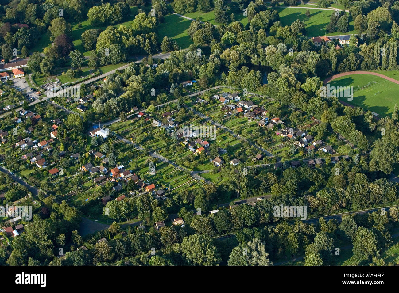 aerial overhead view of small allotment gardens or Schrebergaerten in Hanover, Lower Saxony, northern Germany Stock Photo