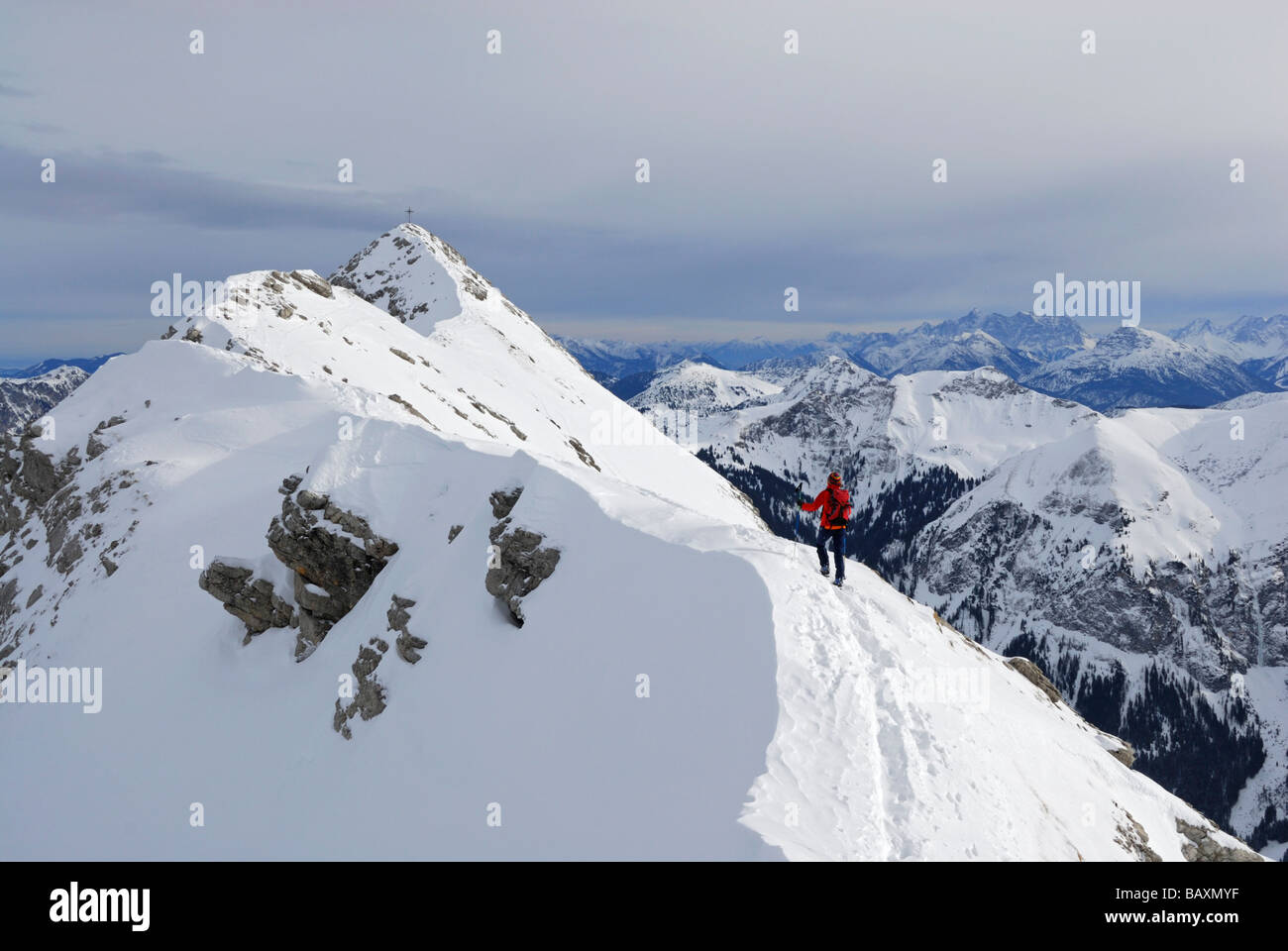 backcountry skier on summit ridge of Gaishorn, Allgaeu range, Allgaeu, Tyrol, Austria Stock Photo