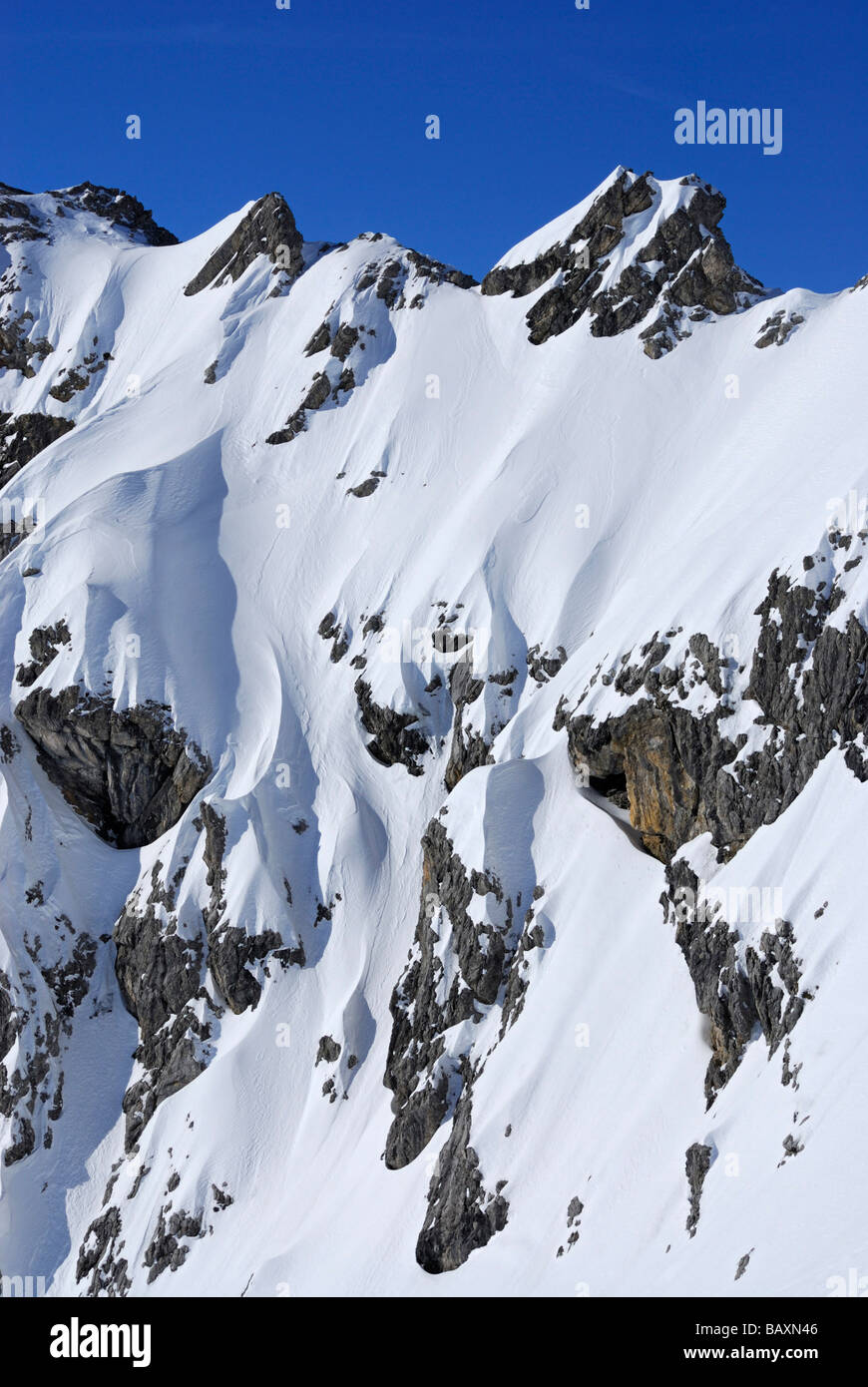 deeply snow-covered ridge, Woleggleskarspitze, Allgaeu range, Allgaeu, Tyrol, Austria Stock Photo