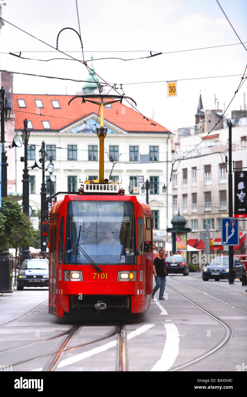 Tram on Mostová Street, Bratislava, Slovakia Stock Photo