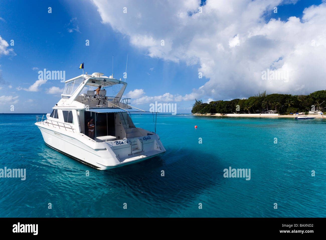 Yacht near in Sandy Lane Bay, Barbados, Caribbean Stock Photo