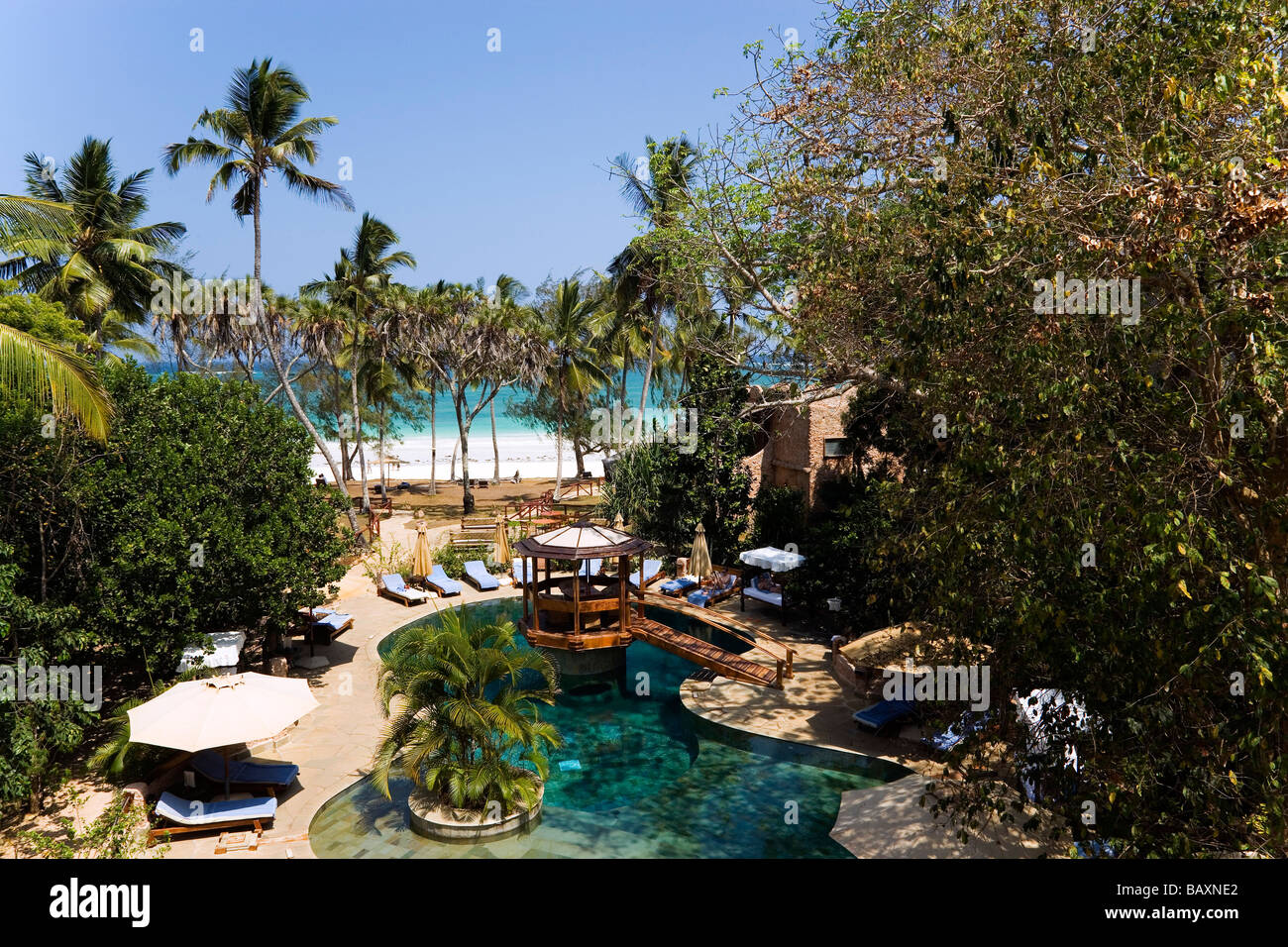 View over pool area, The Sands, at Nomad, Diani Beach, Kenya Stock Photo