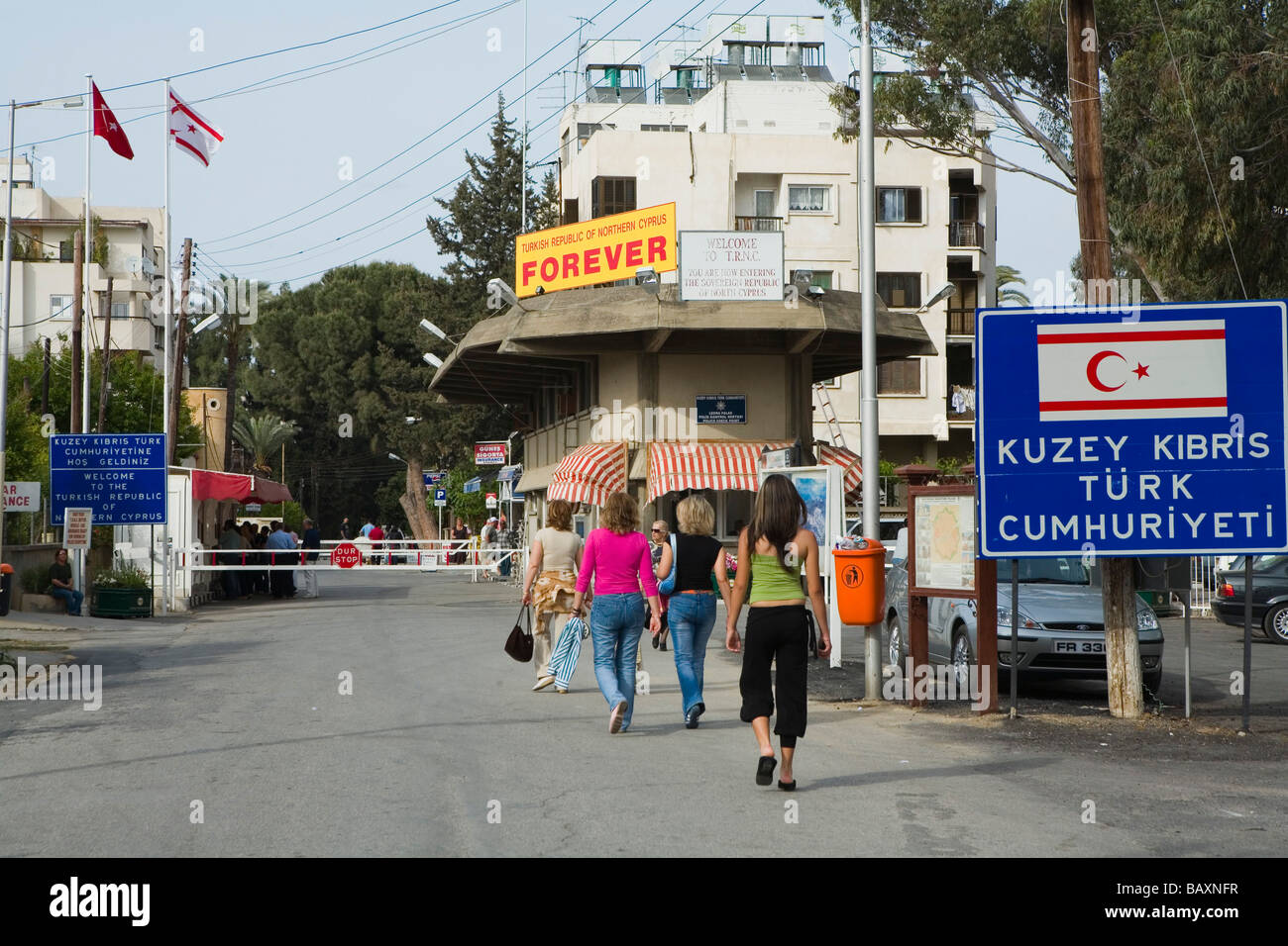 Four women at the Ledra Palace checkpoint, border, Green Line, United Nations Controlled Area, divided city, Lefkosia, Nicosia, Stock Photo