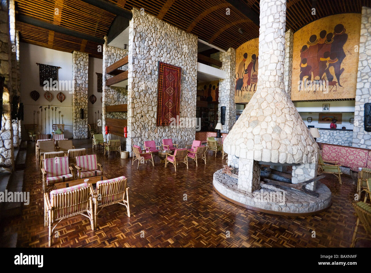 Lobby with fireplace, Taita Hills Lodge, Coast, Kenya Stock Photo