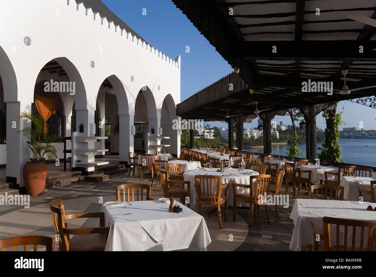 Terrace of the restaurant Tamarind, Mombasa, Kenya Stock Photo