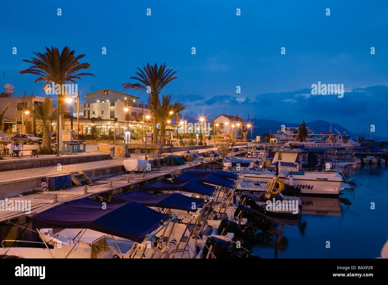 Latsi harbour at night with boats, Latsi, near Polis, South Cyprus ...