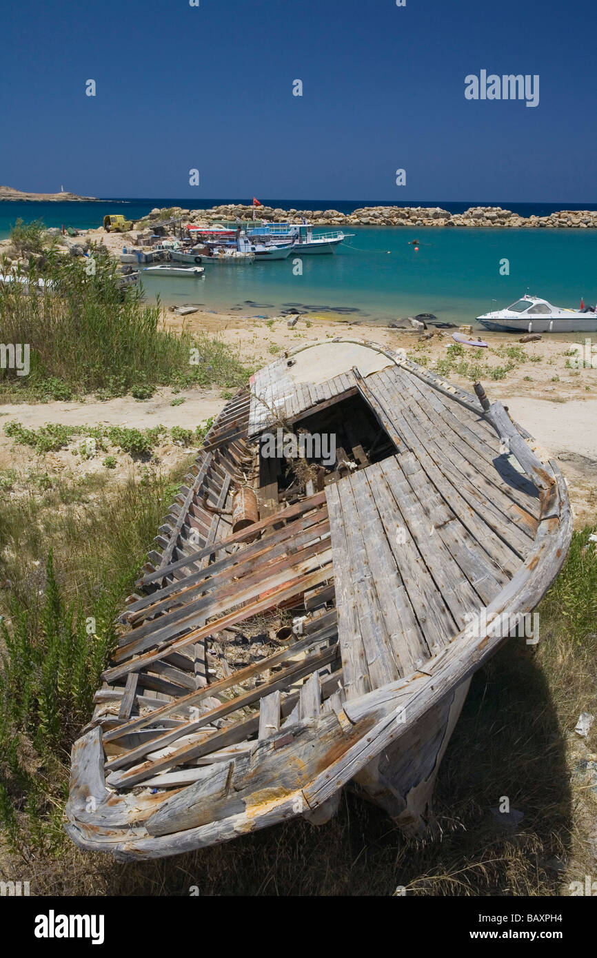 Wreckage of a boat, small fishing port with fishing boats, Erenkoy, Gialousa, Dipkarpaz, Rizokarpaso, Karpasia, Karpass Peninsul Stock Photo