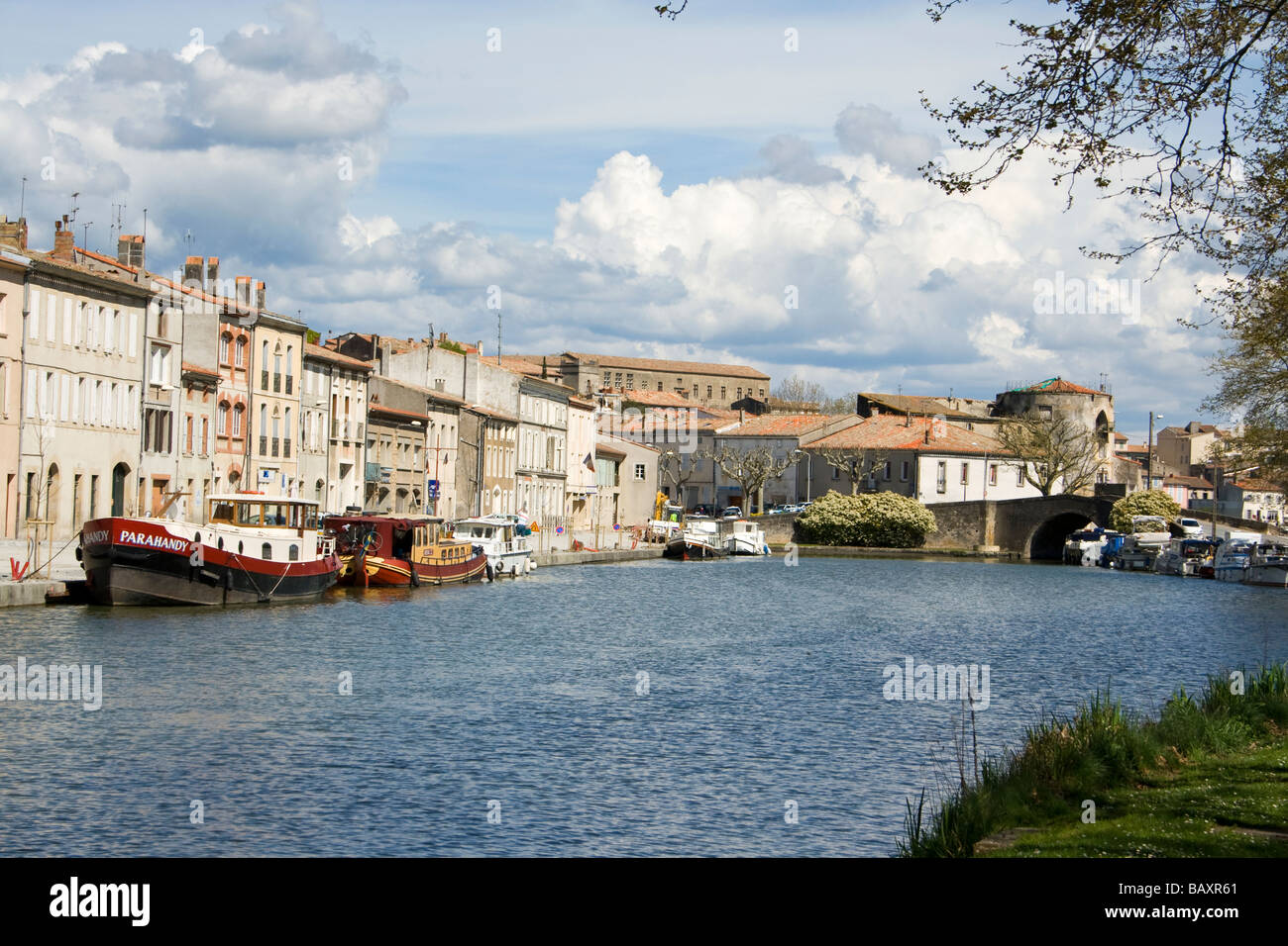 The Canal du Midi at Castelnaudary holiday on water navigation boat boating navigation pleasure port water waterway afloat Stock Photo