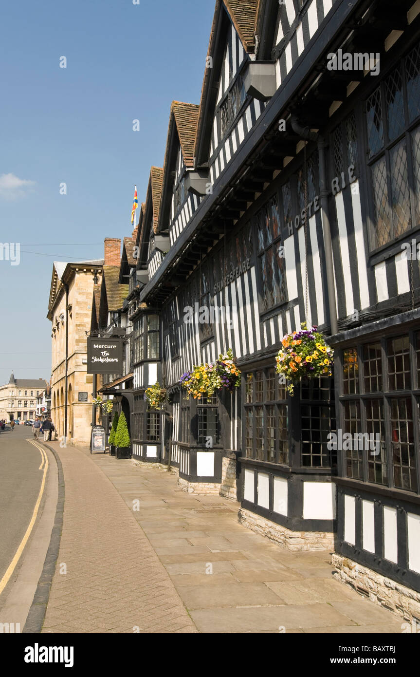 Vertical wide angle of the black and white Tudor facade of The Shakespeare Hostelerie on Chapel Street on a bright sunny day Stock Photo