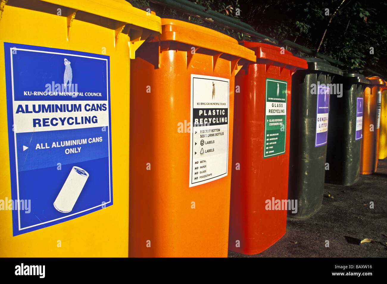 Various recycling bins at the Davidson Picnic Area in Garigal National