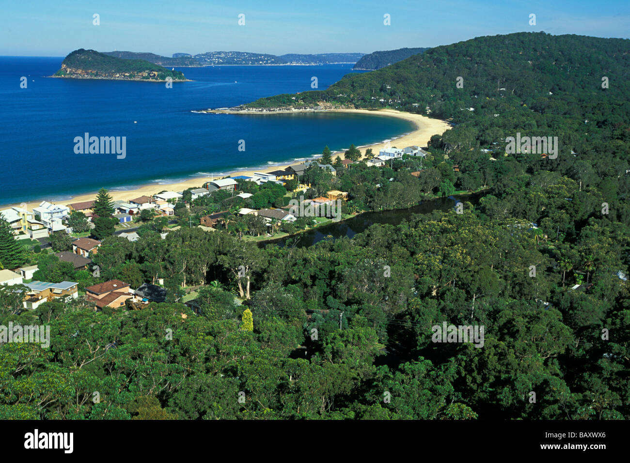 Pearl Beach, Broken Bay & Lion Island by the Hawkesbury River mouth near Gosford on the Central Coast New South Wales Australia Stock Photo