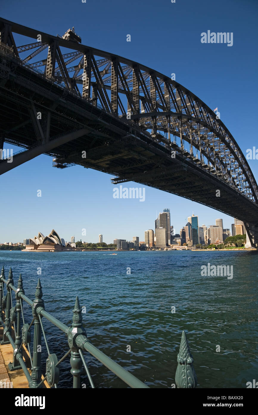 Two Sydney icons, the Harbour Bridge & Opera House seen from Milson's Point on the North Sydney shore, New South Wales Australia Stock Photo