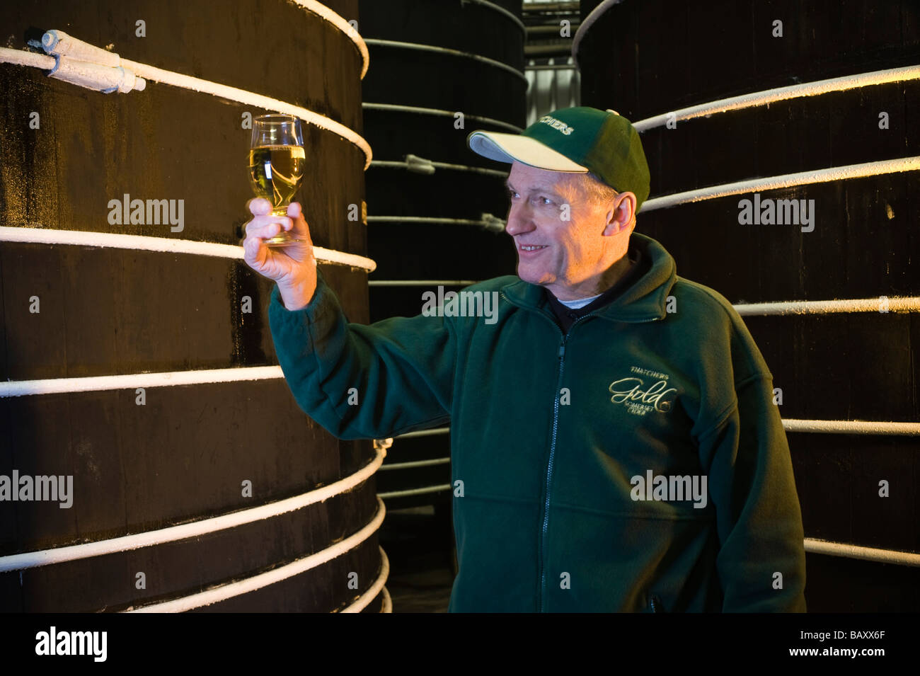 Worker checking cider amongst oak cider vats Thatchers Cider Sandford North Somerset England Stock Photo