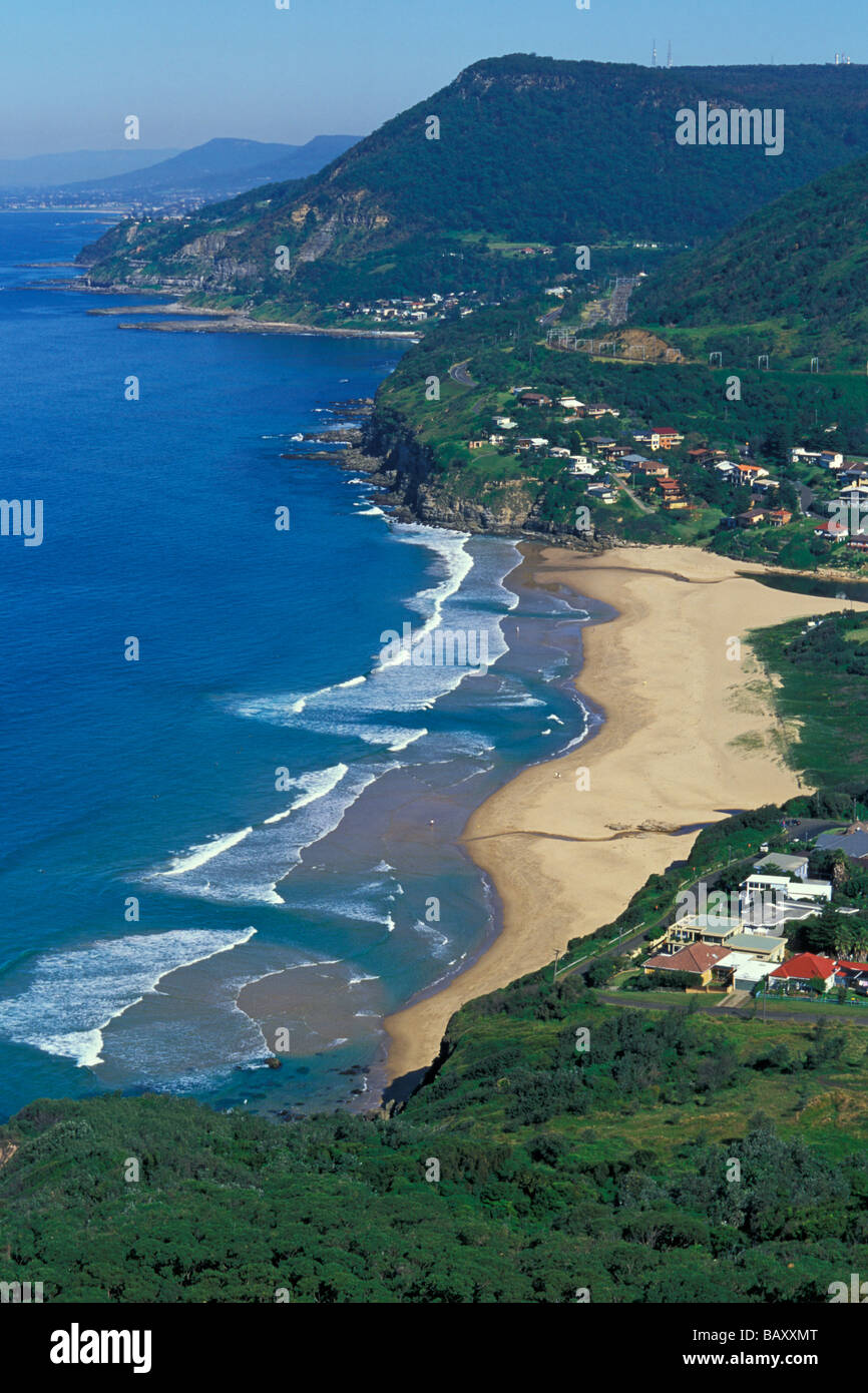 Looking S West from Bald Hill over Stanwell Park beach towards the Illawara Escarpment and Wollongong, New South Wales Australia Stock Photo