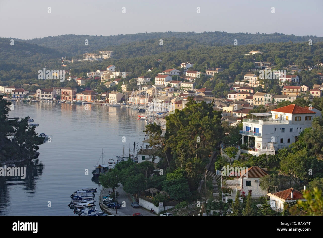 View of the harbour and the houses of Gaios, Paxos, Ionian Islands, Greece Stock Photo