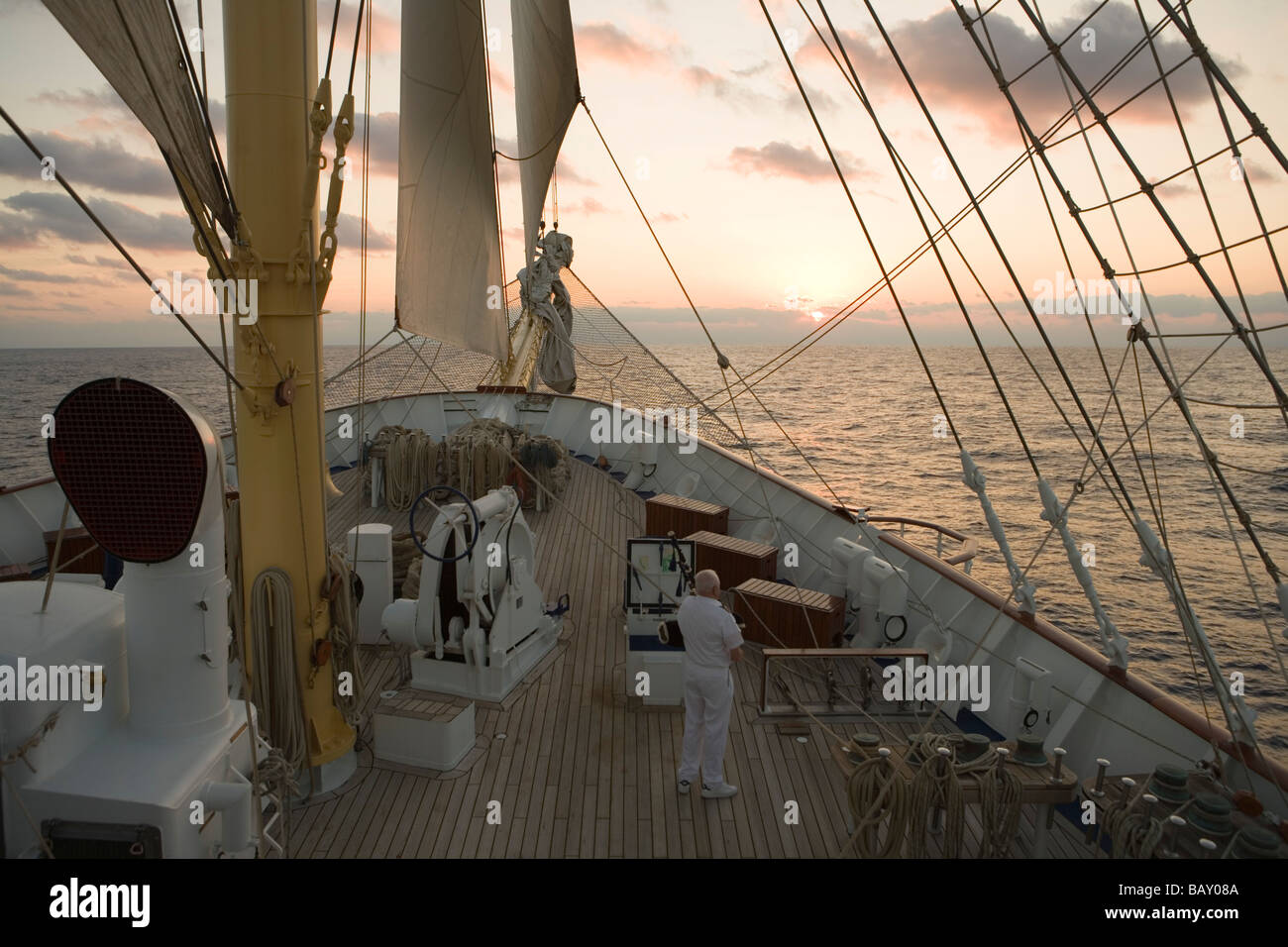 Royal Clipper sails into the sunset, Aboard Sailing Cruiseship Royal