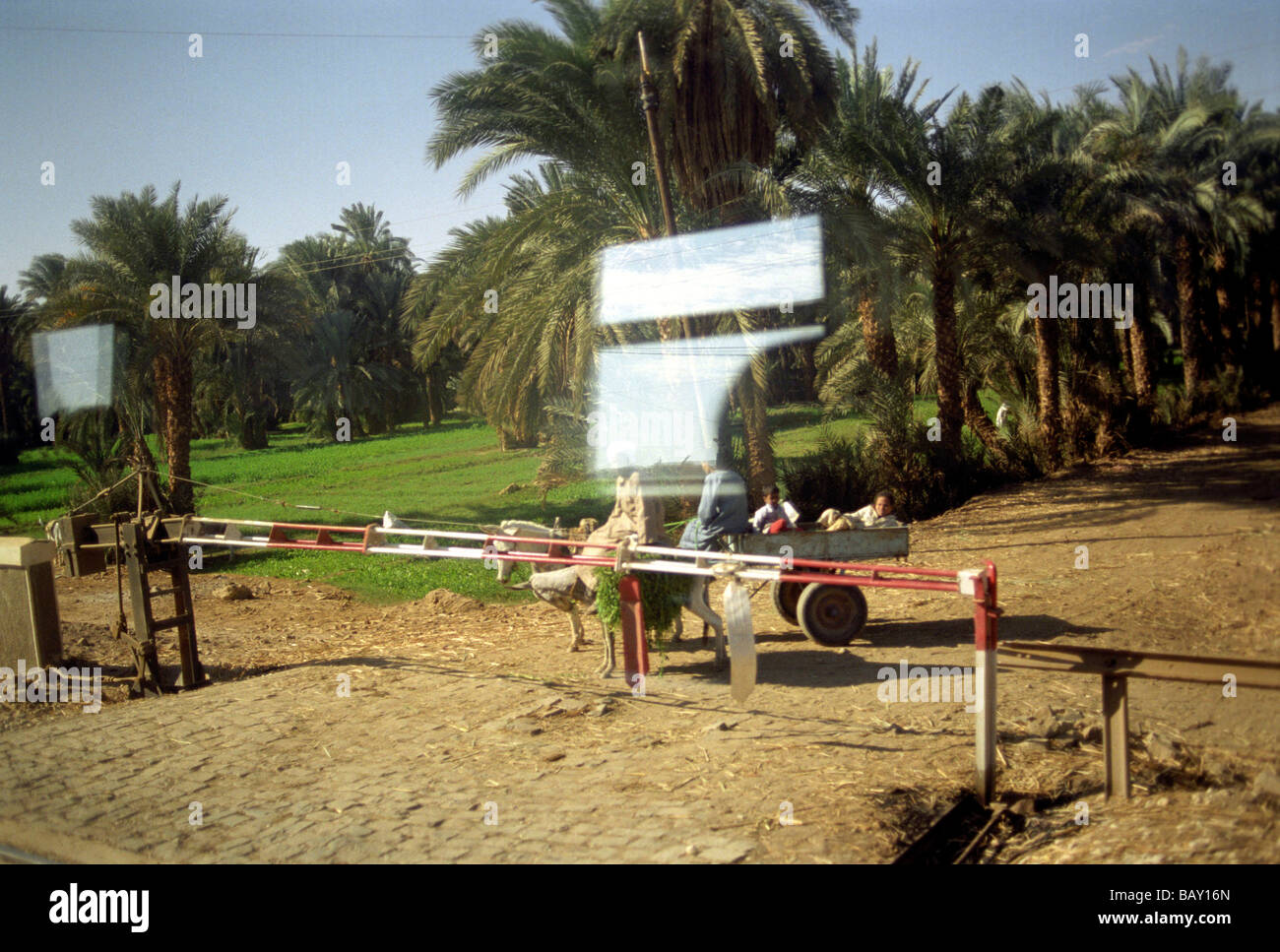 People with horse-drawn cart waiting at a railroad crossing, Luxor, Egypt Stock Photo