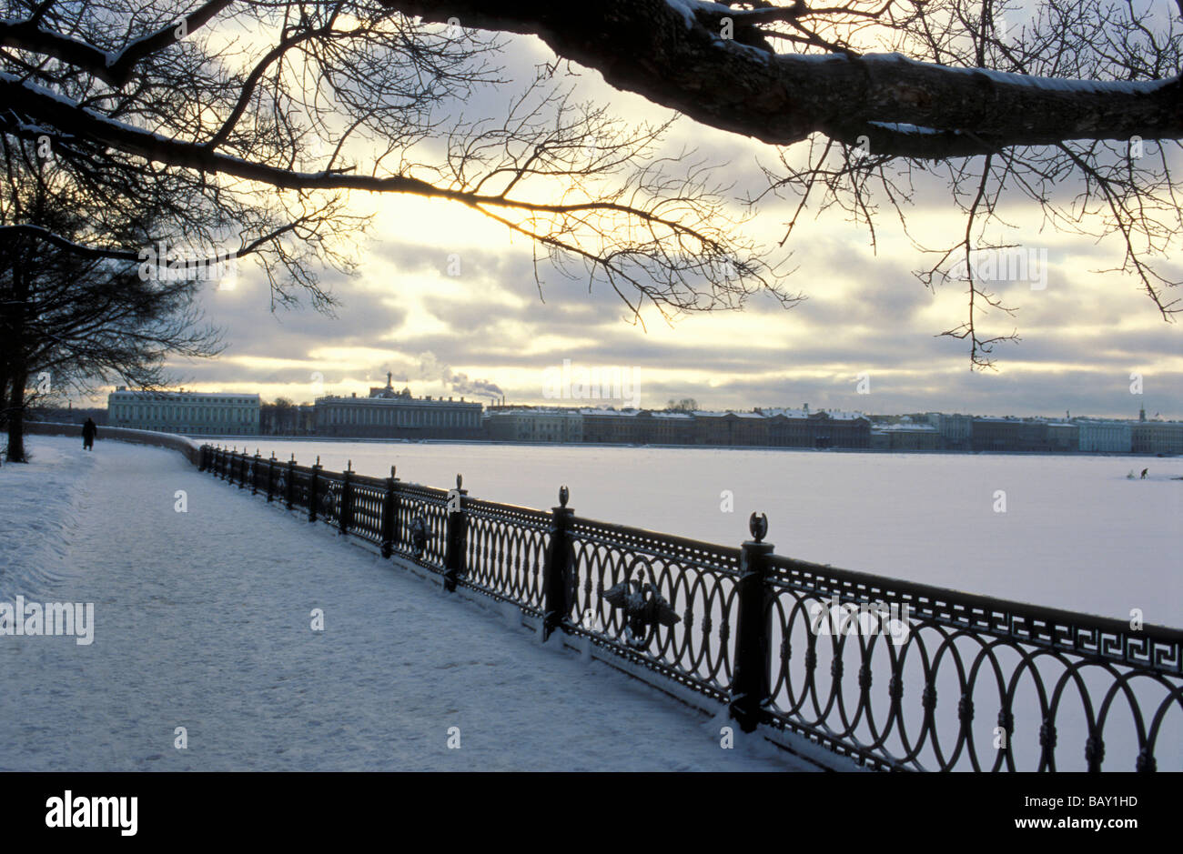 Snow covered promenade at the river Newa, Petrogradskaya, St. Petersburg, Russia Stock Photo
