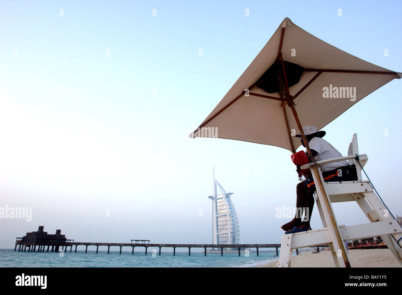Lifeguard watching over beach, View at Burj al Arab Hotel, Dubai, United Arab Emirates, UAE Stock Photo