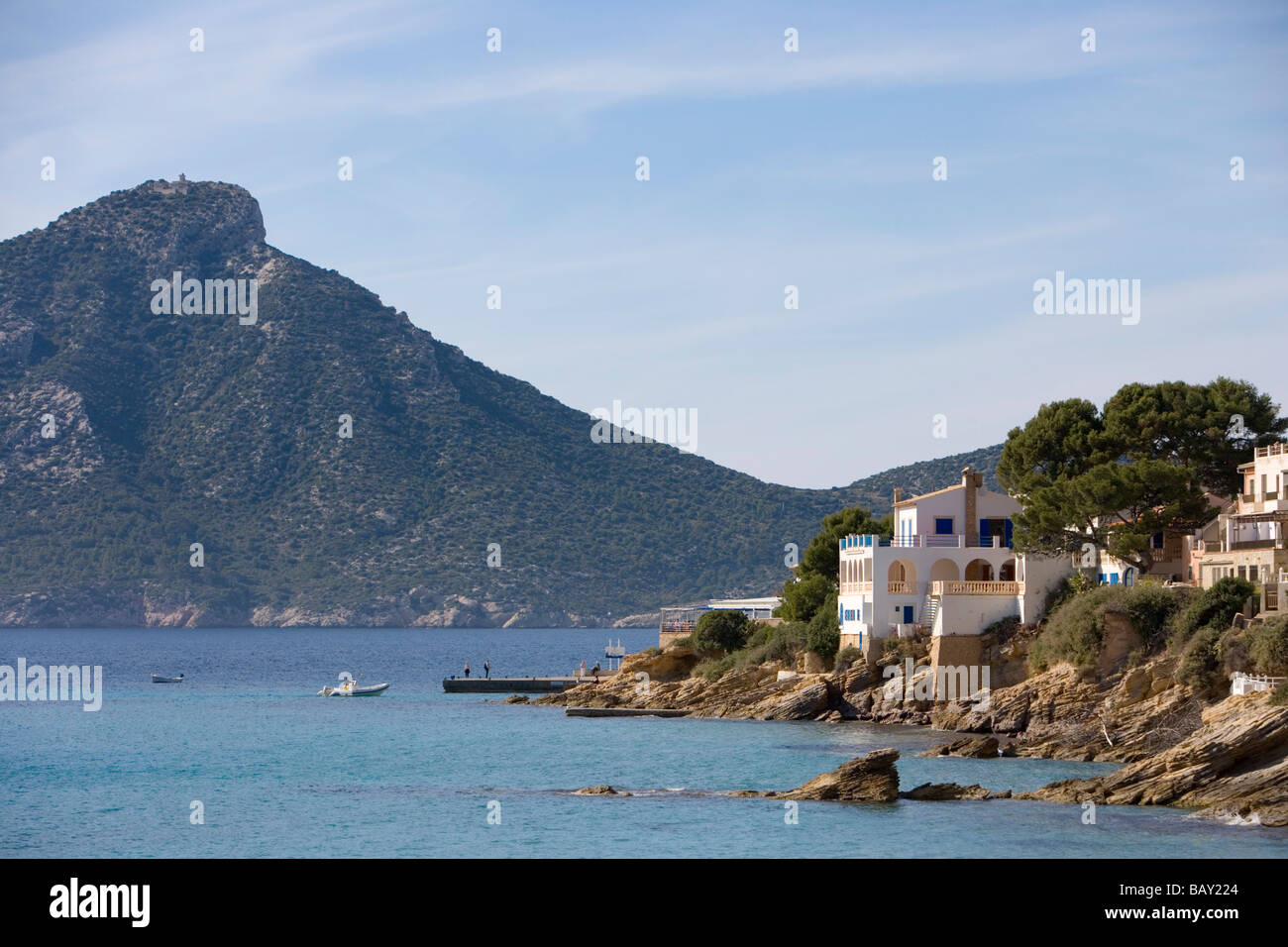 Coastal Houses and Sa Dragonera Island, Sant Elm, Mallorca, Balearic Islands, Spain Stock Photo