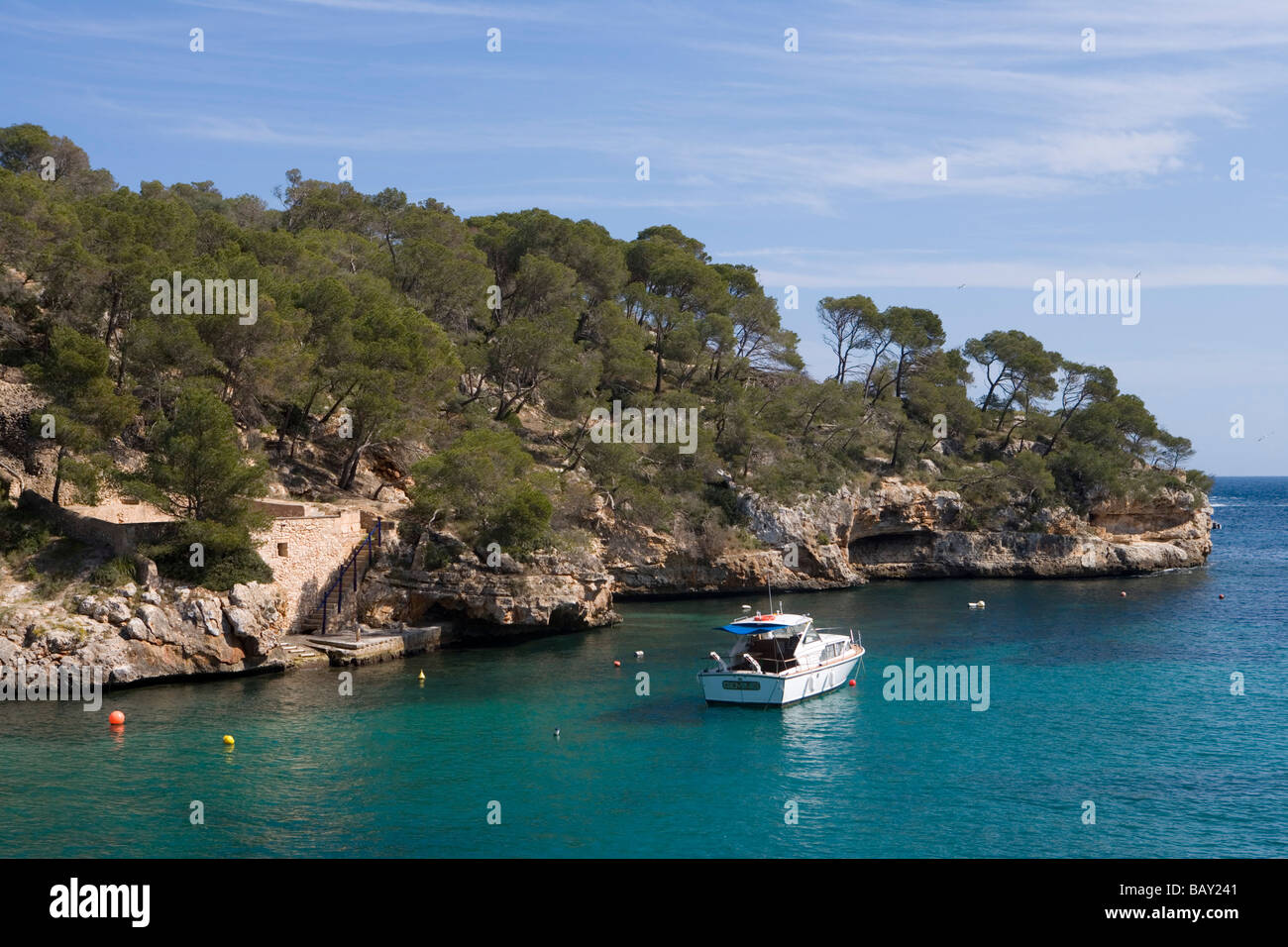 Pleasure Boat at Cala Figuera Cove, Cala Figuera, Mallorca, Balearic Islands, Spain Stock Photo