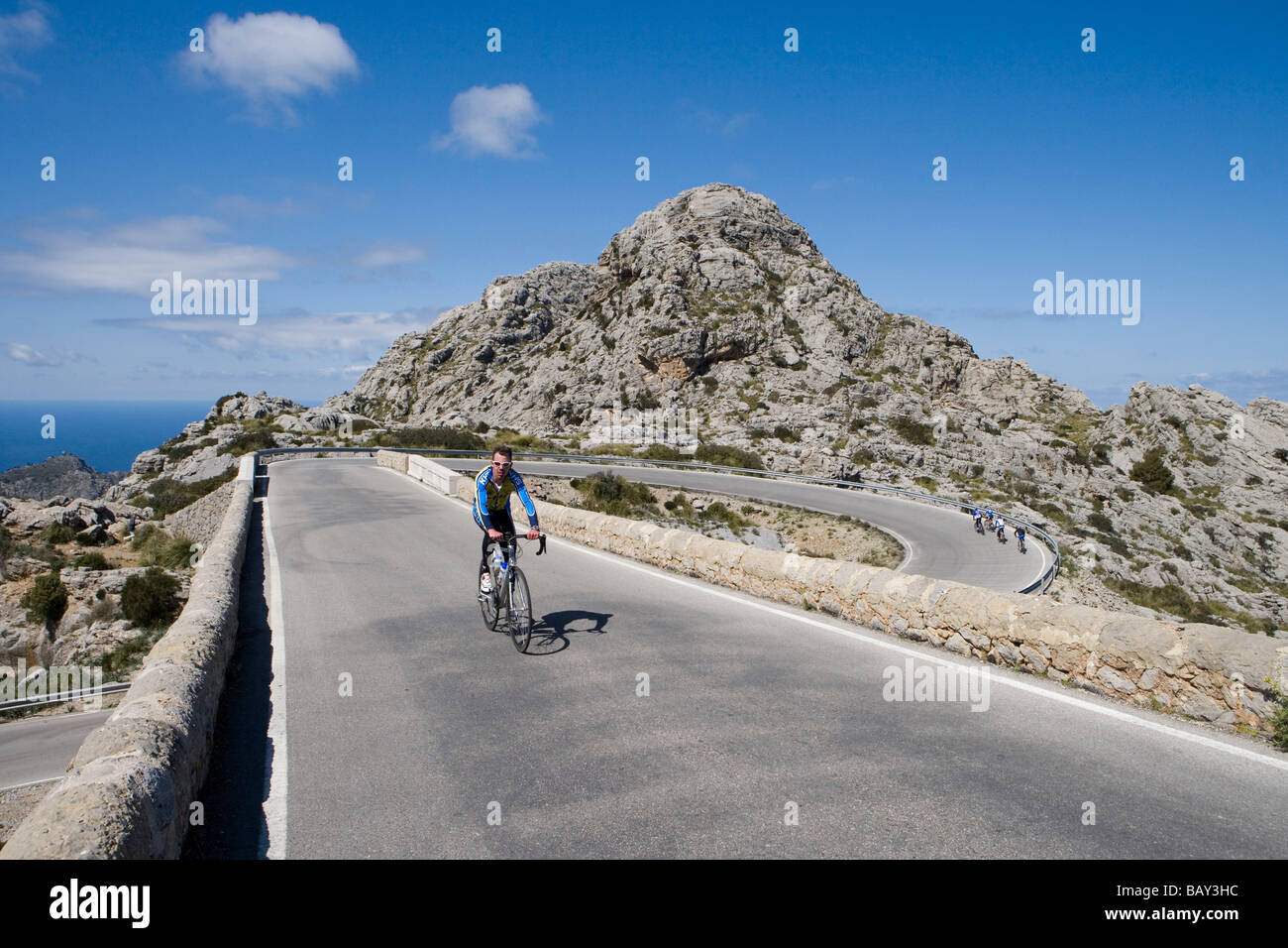 Cyclists on Sa Calobra Mountain Road, Near Cala de Sa Calobra, Mallorca, Balearic Islands, Spain Stock Photo