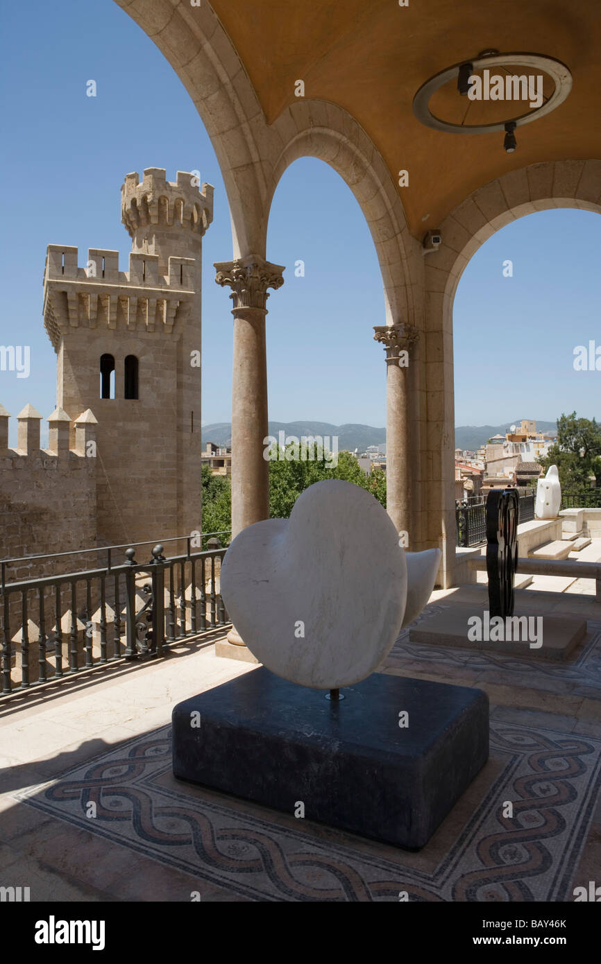 Outdoor Exhibitions at Palau March Museo Museum and Tower of Almudaina Palace, Palma, Mallorca, Balearic Islands, Spain Stock Photo