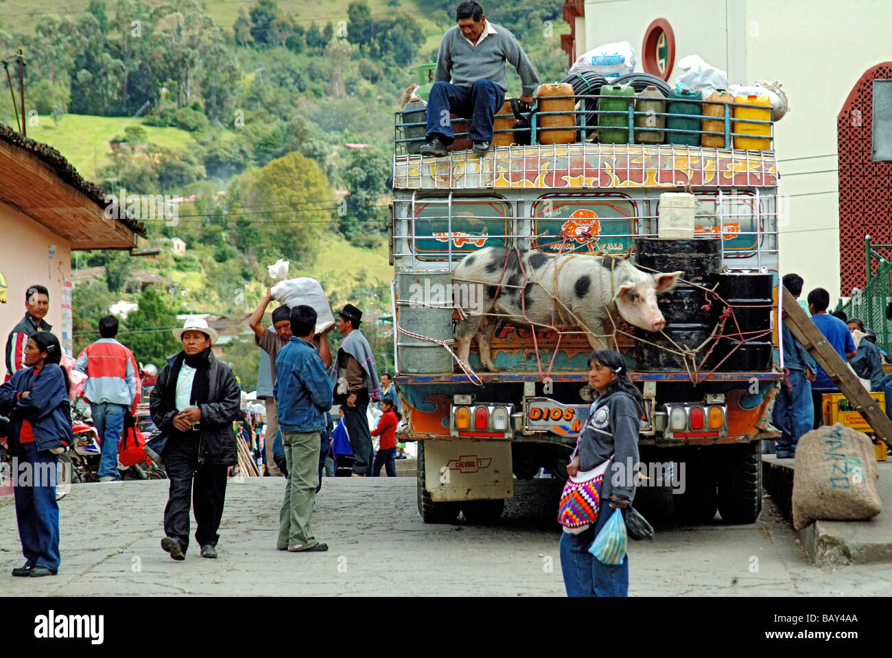 Busy road in the mountain village of Silvia, Columbia, South America Stock Photo