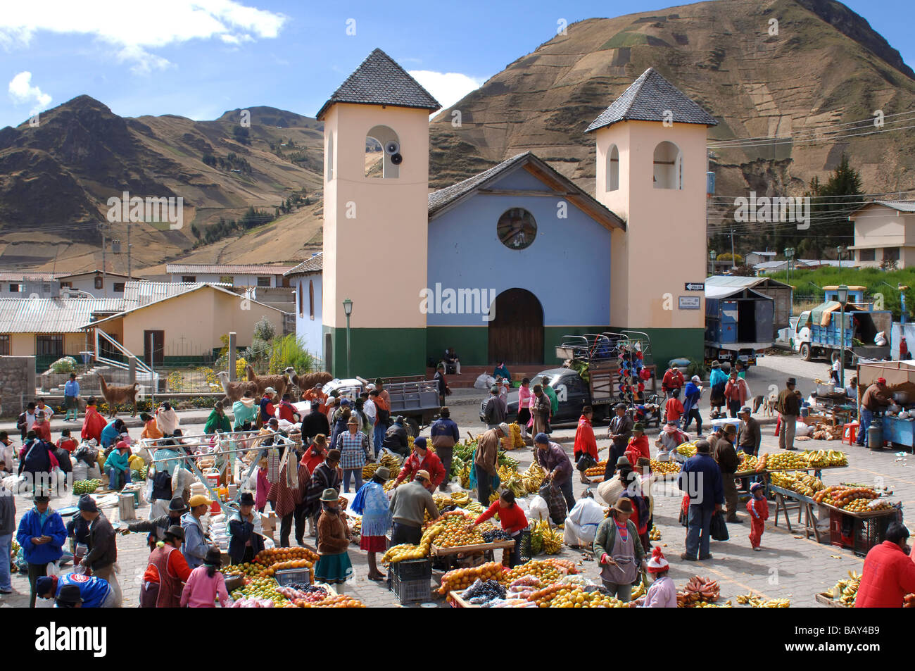 Indigenous people at a local market in Zumbahua, Ecuador, South America Stock Photo