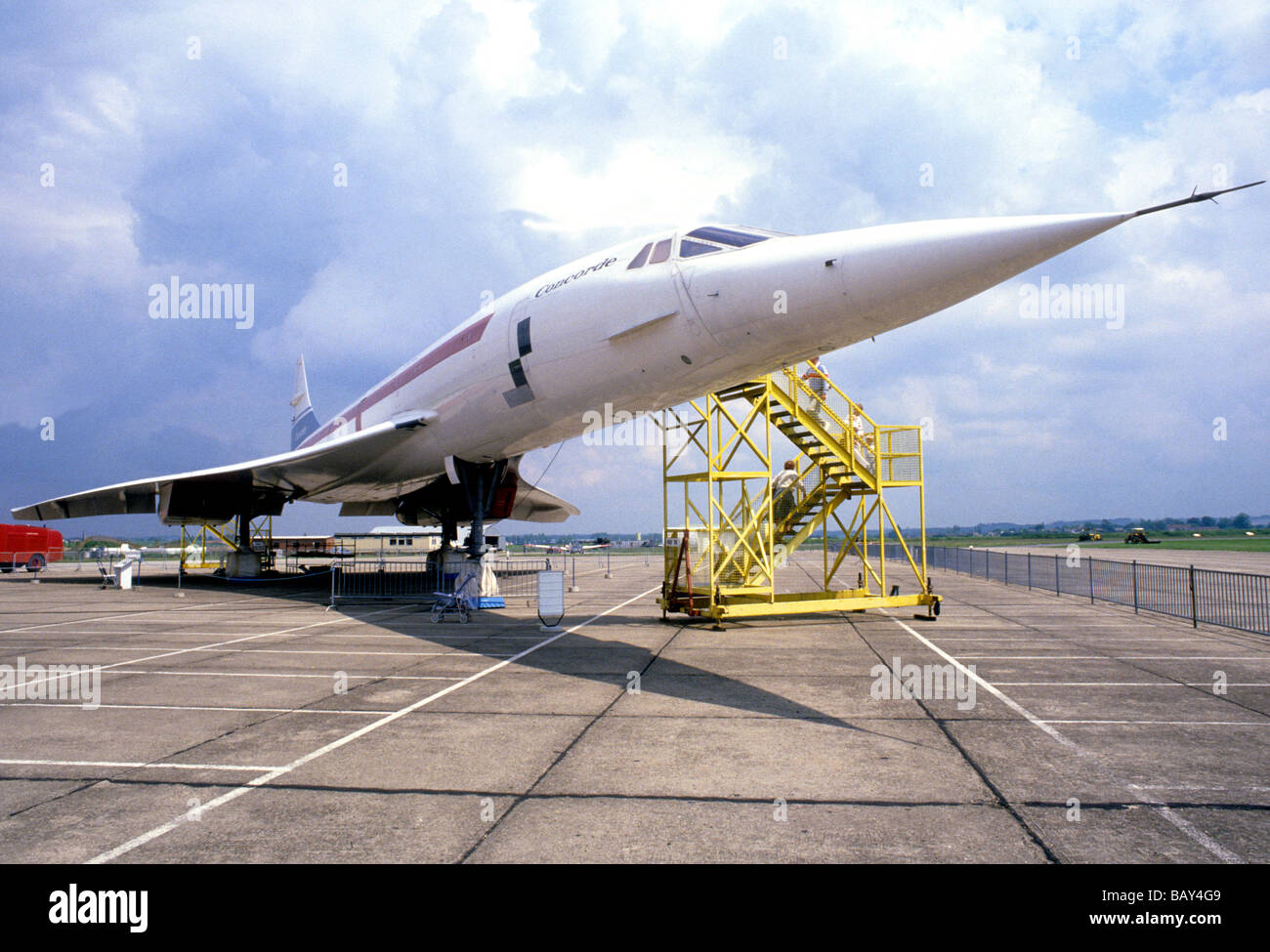 Concorde Duxford Air Museum Cambridgeshire jet plane aeroplane flying transport supersonic pointed nose cone runway flight Stock Photo