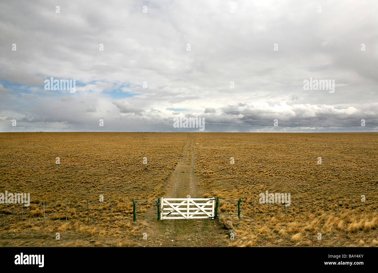 Gate and track near Rio Gallegos, Patagonia, Argentina, South America Stock Photo