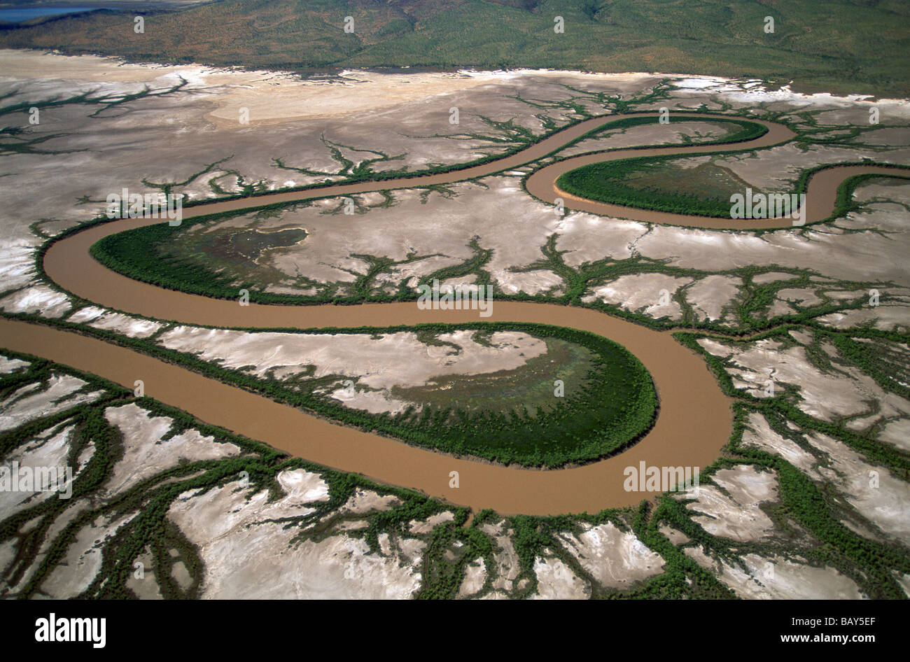 Aerial view of King River with mangroves and tidal mud flats, Wyndham