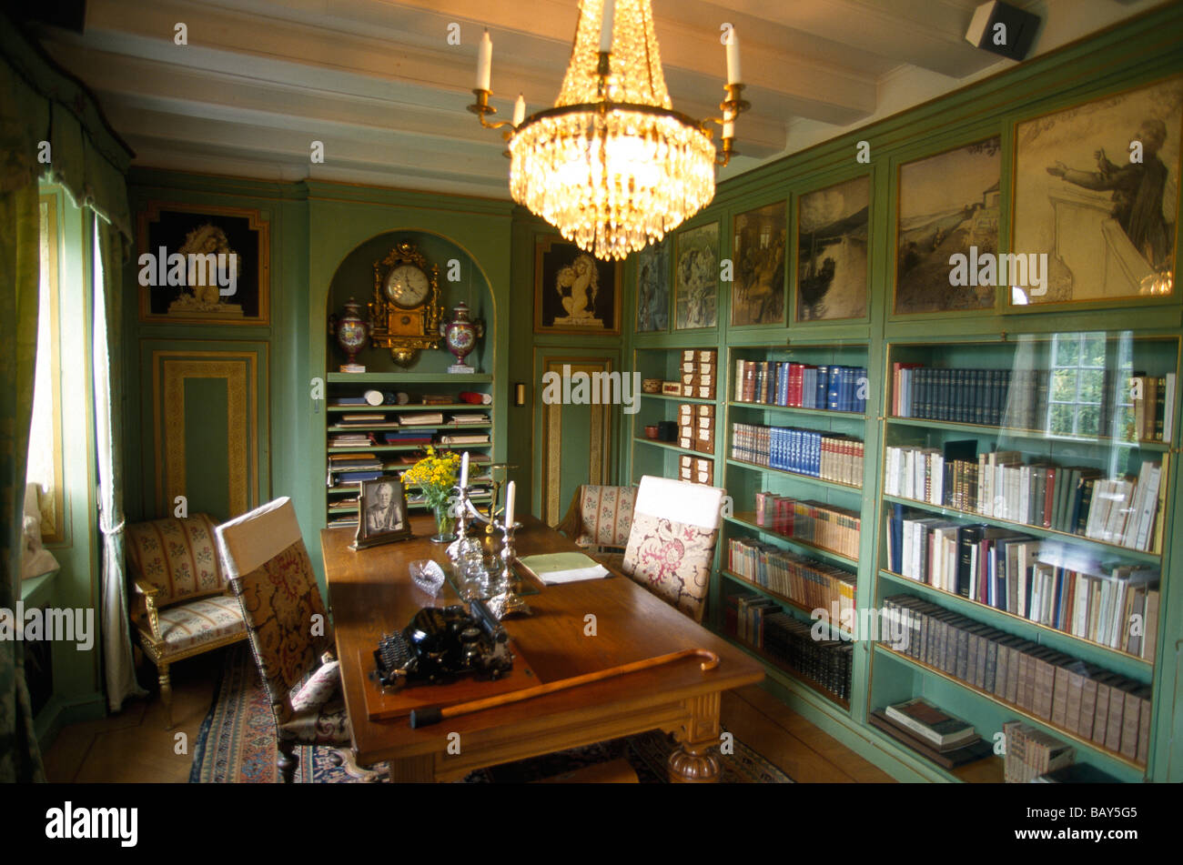 Library with desk of author Selma Lagerloef, Bibliothek, Marbacka House, Sunne, Varmland, Sweden Stock Photo