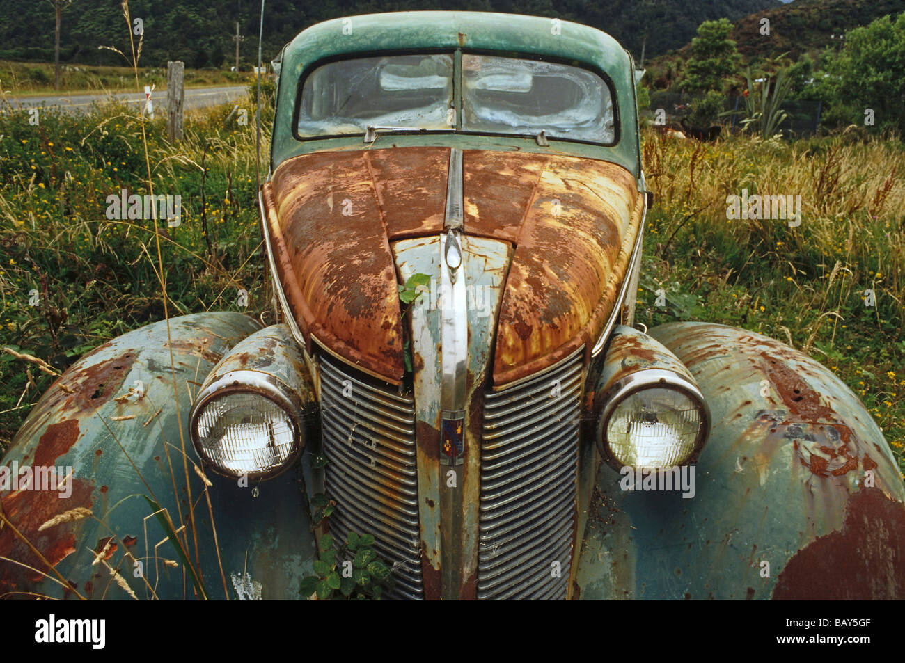 close-up, vintage car wreck, New Zealand Stock Photo