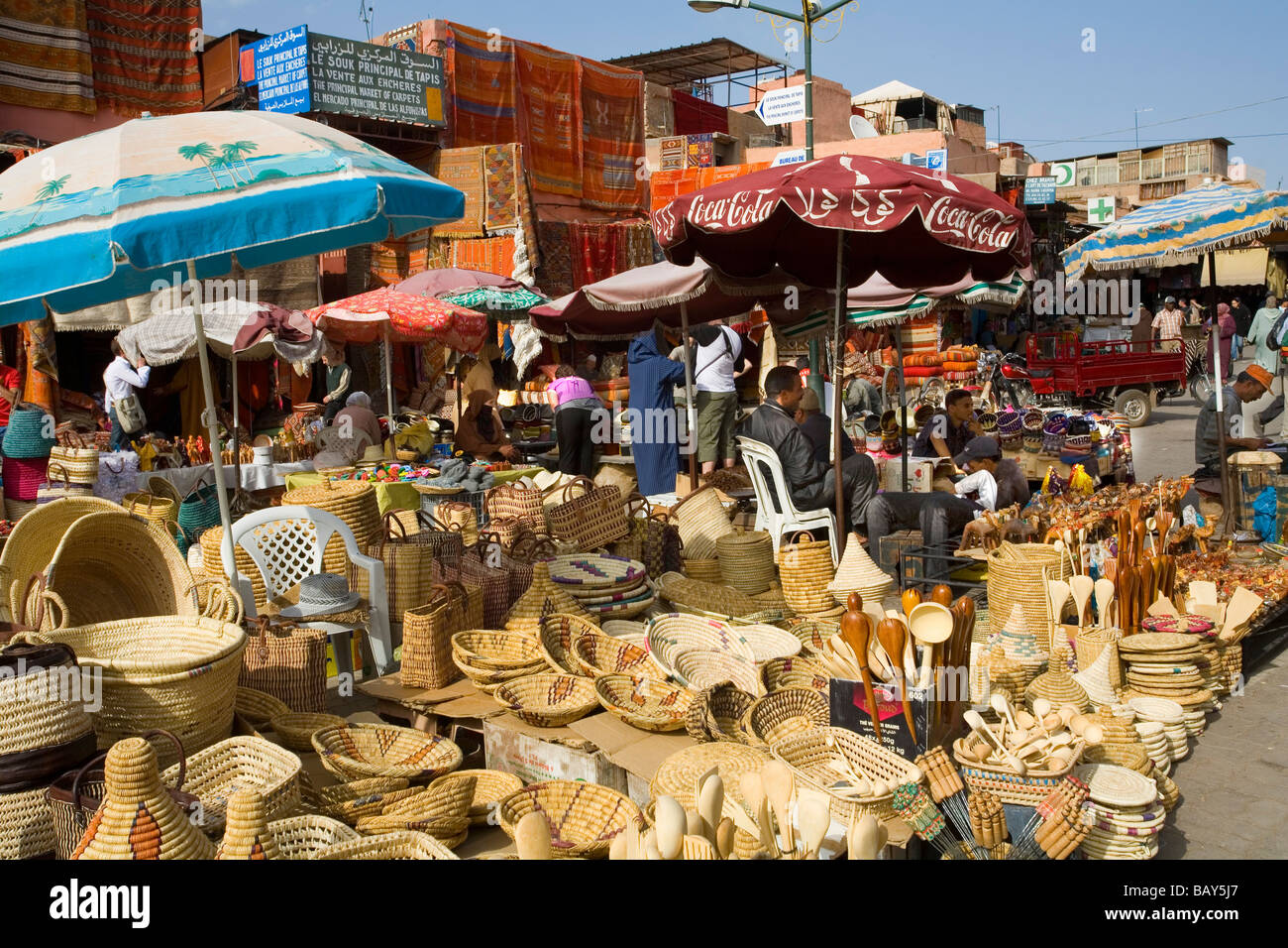 The busy Market Square in the Souks Marrakech Morocco Stock Photo