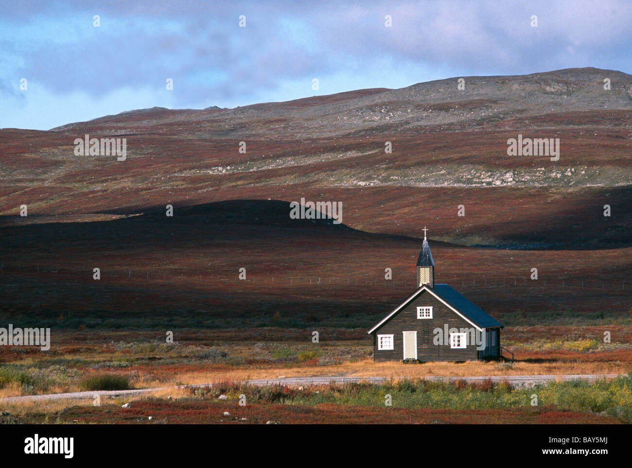 Solitary wooden church, Samen church, Duoddar Sion, Alta, Finnmark, Norway Stock Photo