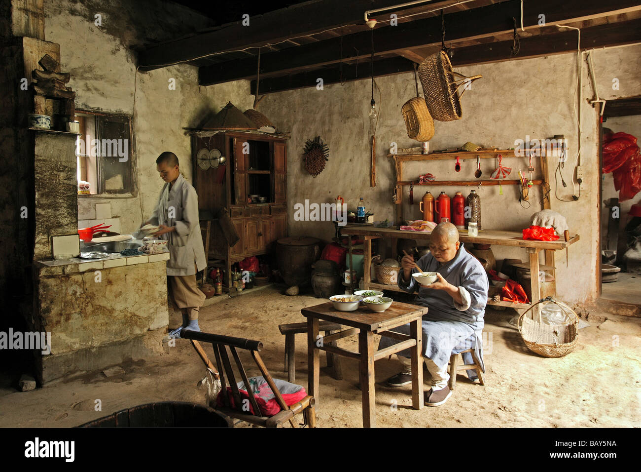 Interior view of the nunnery's kitchen at the village Minyuan, Jiuhua Shan, Anhui province, China, Asia Stock Photo