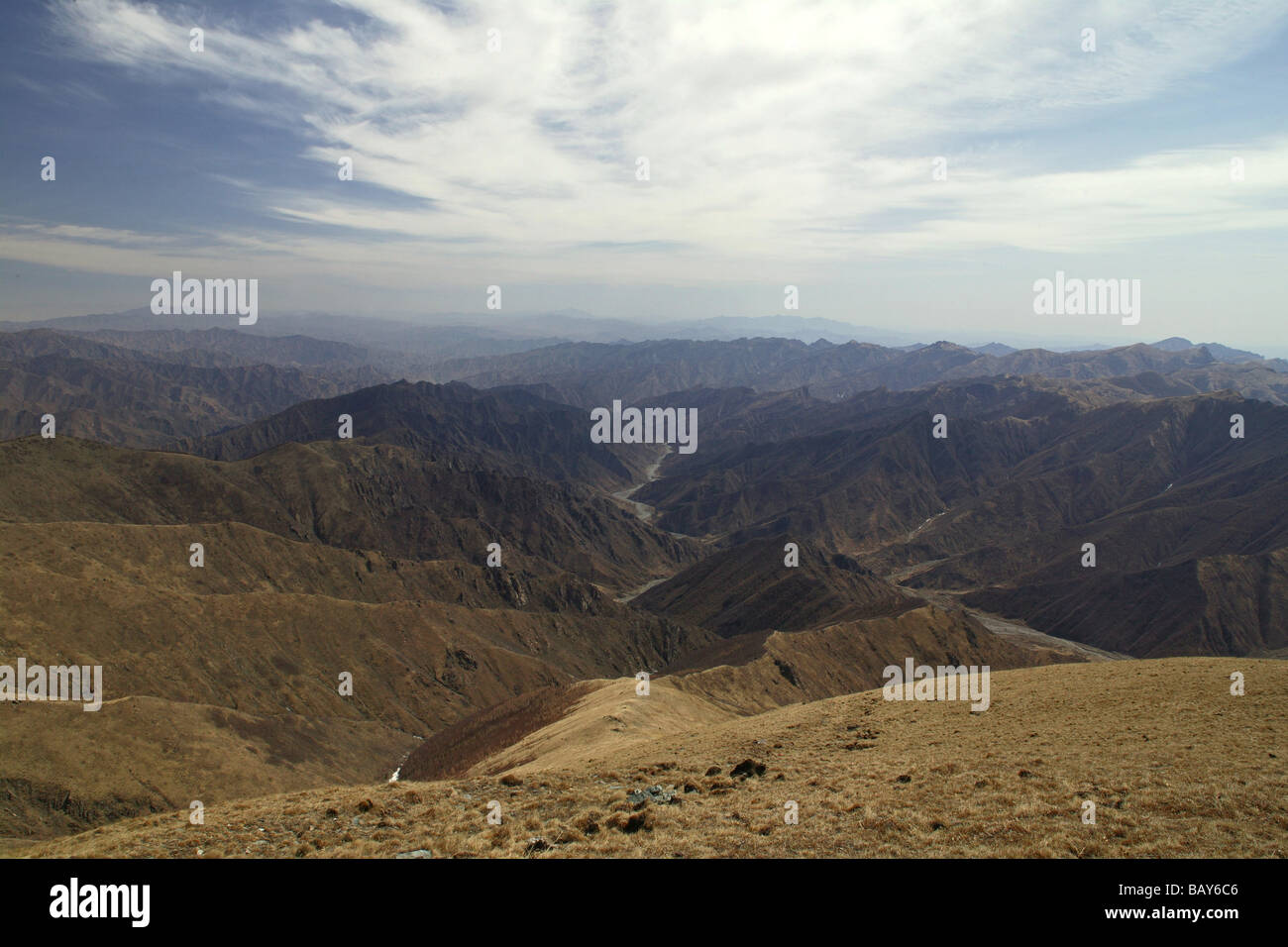 View from the summit temple, Northern Summit, Mount Wutai, Wutai Shan, Five Terrace Mountain, Buddhist Centre, town of Taihuai, Stock Photo