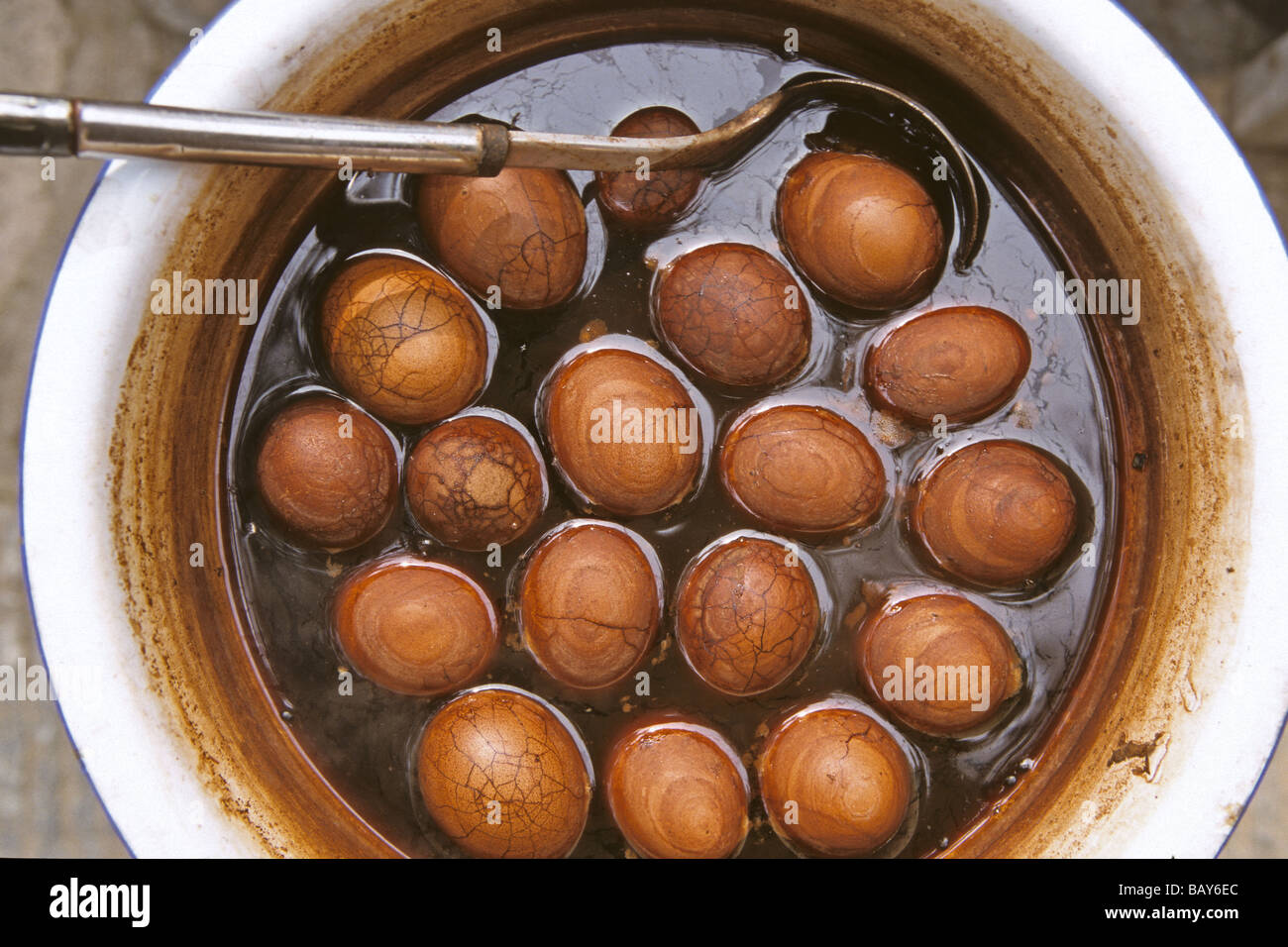 Tea eggs, hard boiled eggs in black tea, soy sauce and spices, typical