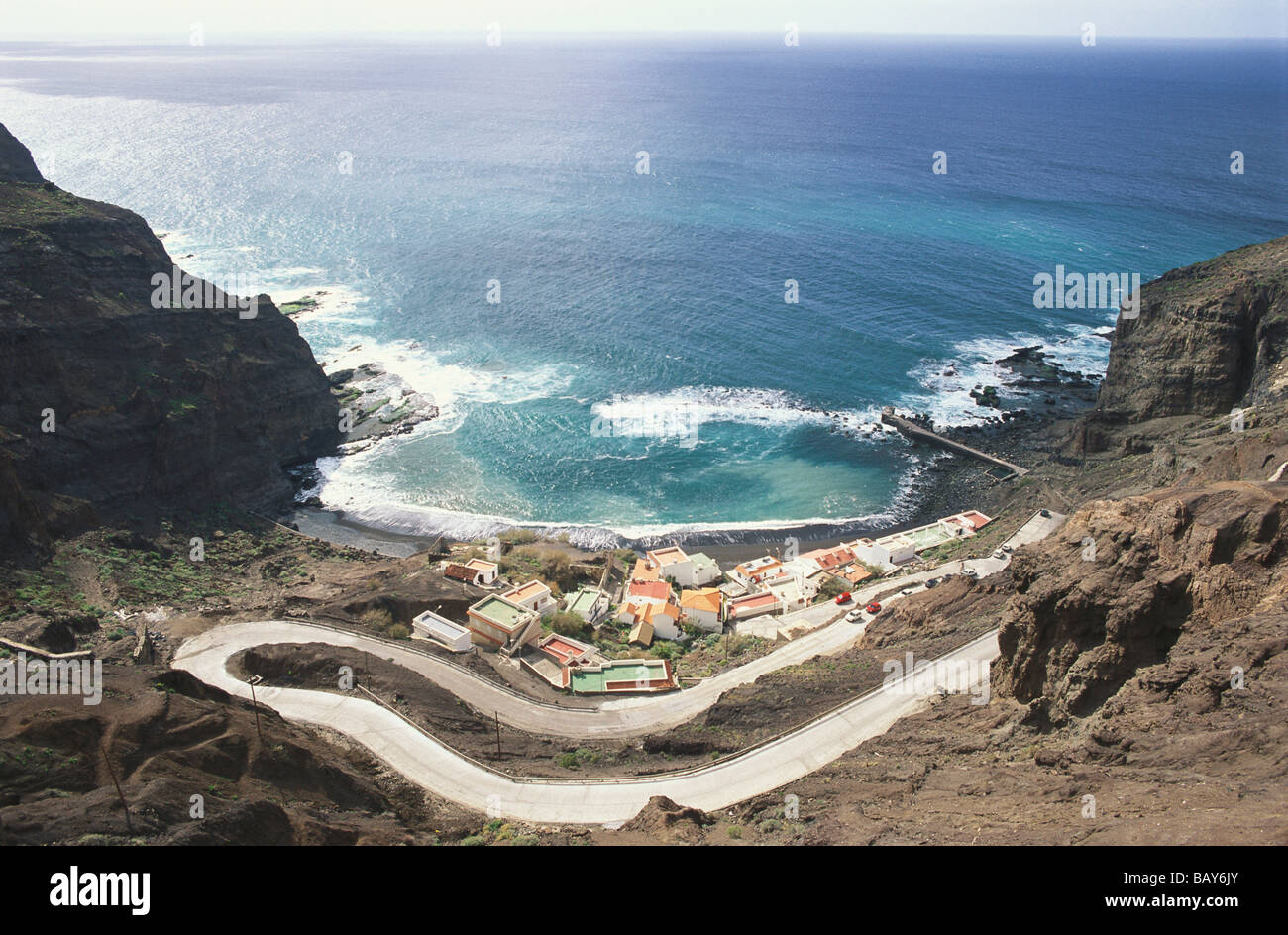 Serpentine road to Playa de Alojera, beach, Alojera, La Gomera, Canary Islands, Atlantic Ocean, Spain Stock Photo
