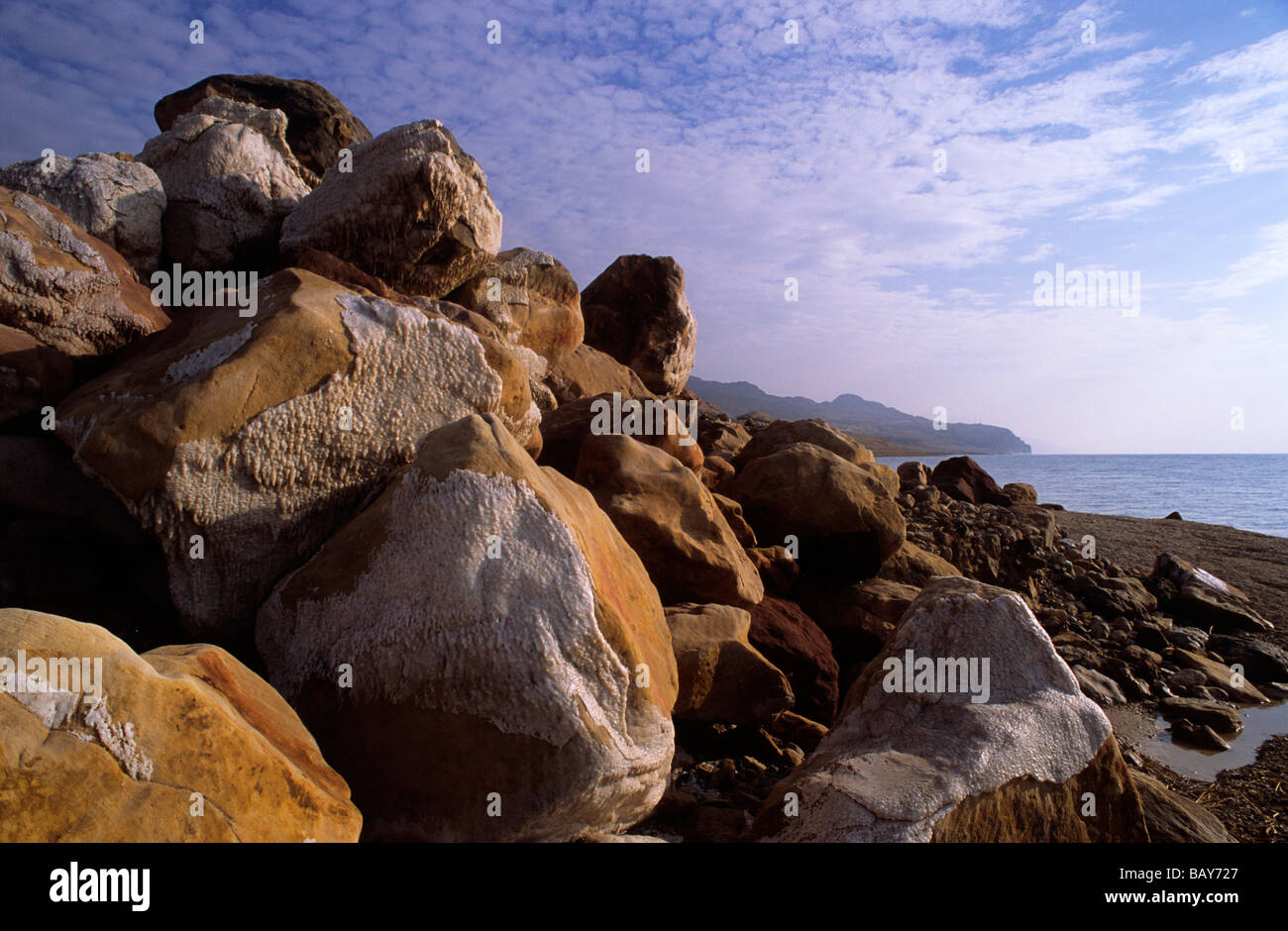 Salty stones in the sunlight, Dead Sea, Jordan Stock Photo