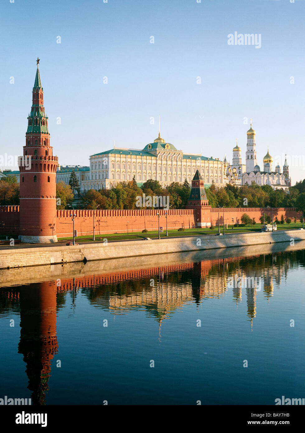The Kremlin reflecting in Moskva River, Moscow, Russia Stock Photo