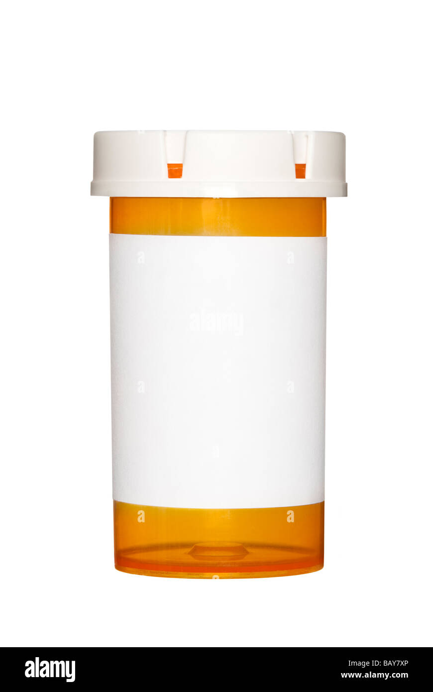 A medical pill bottle with a blank label for copy space and the bottle is isolated on a white background Stock Photo
