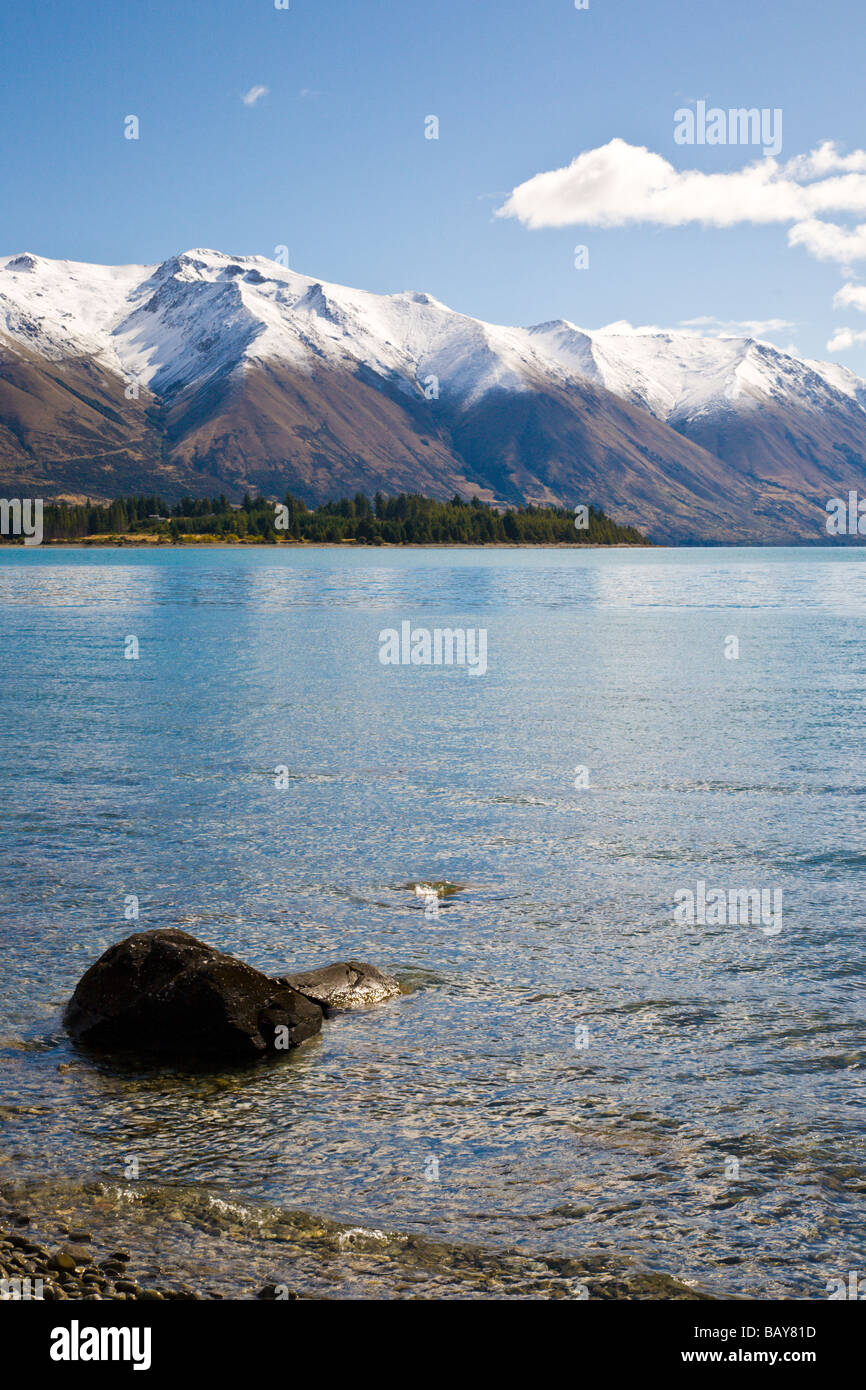 Snow capped mountain and Lake Ohau South Island New Zealand Stock Photo