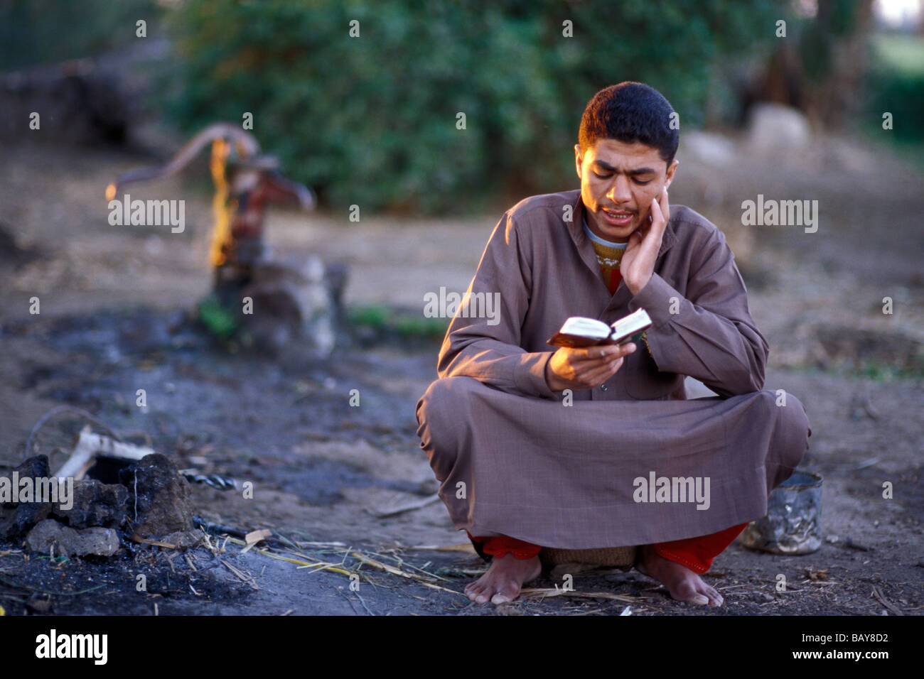 Man near al Minya, Egypt reciting the Koran shortly before sundown. Stock Photo