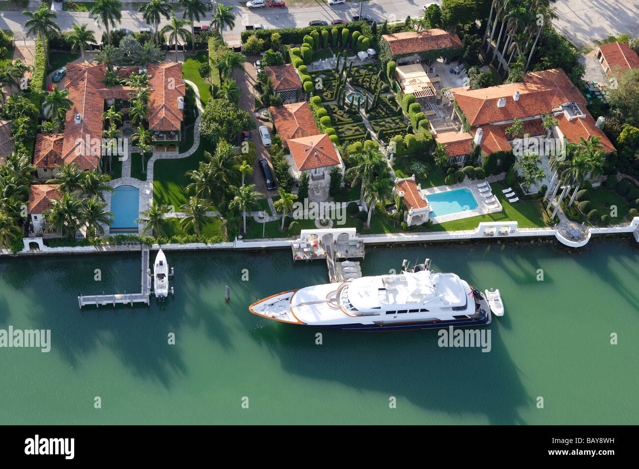 luxurious homes on Hibiscus Island with yacht, Real Estate, Miami, Florida, United States of America, USA Stock Photo