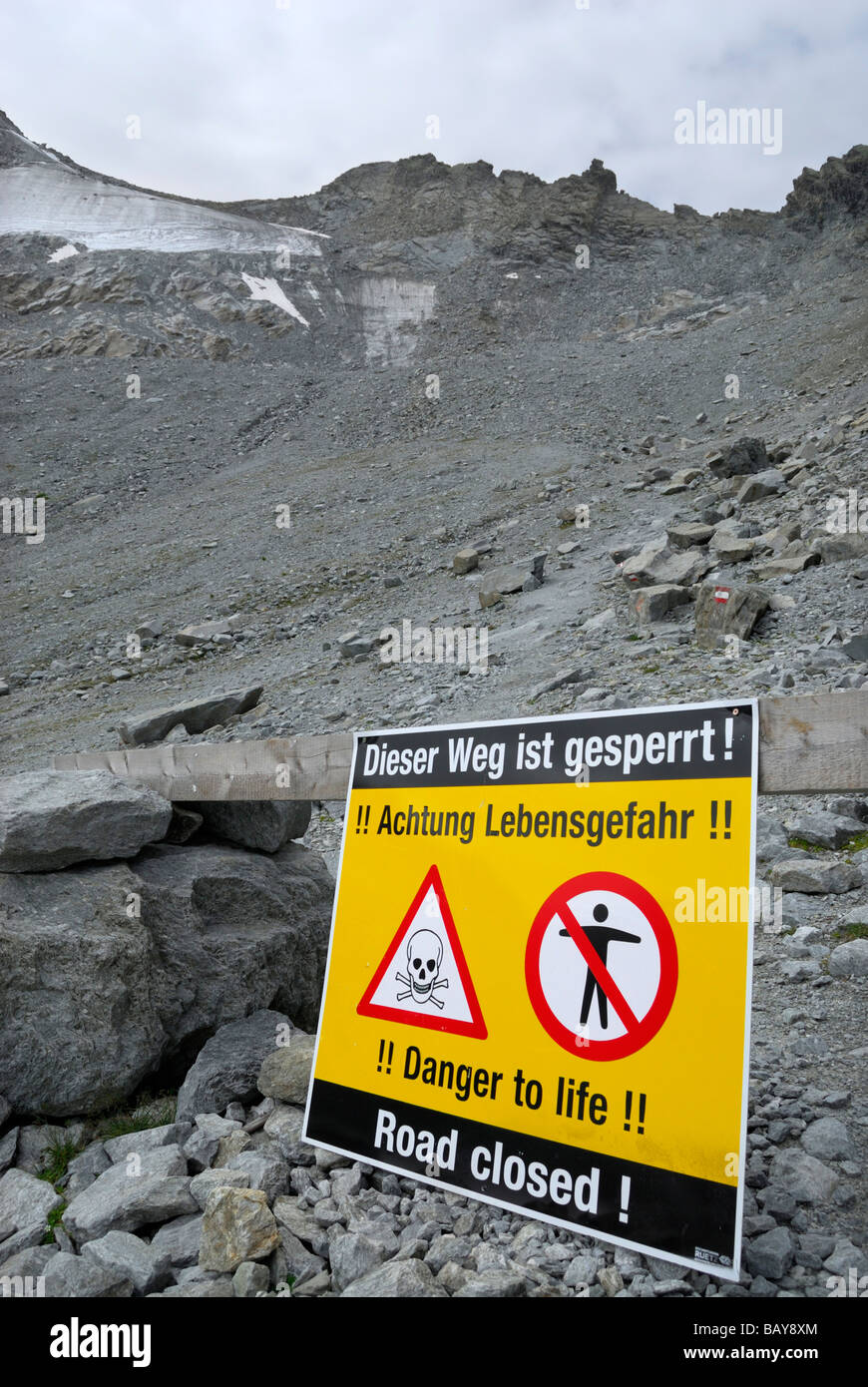 keep out sign, danger to life, due to rock slide, glacier melt due to climate change, global warming, ascent to notch Pitztaler Stock Photo